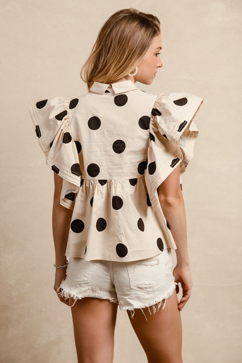 Dot Print Woven Ruffled Sleeves Button Up Top