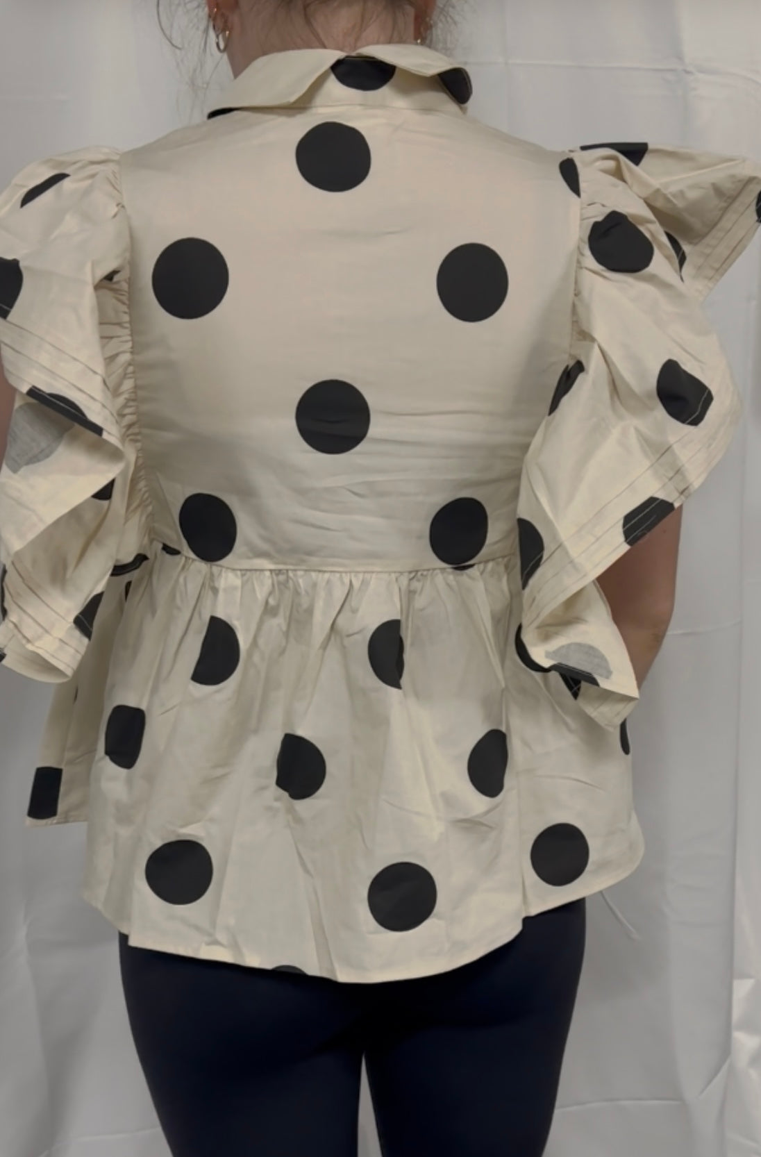 Dot Print Woven Ruffled Sleeves Button Up Top