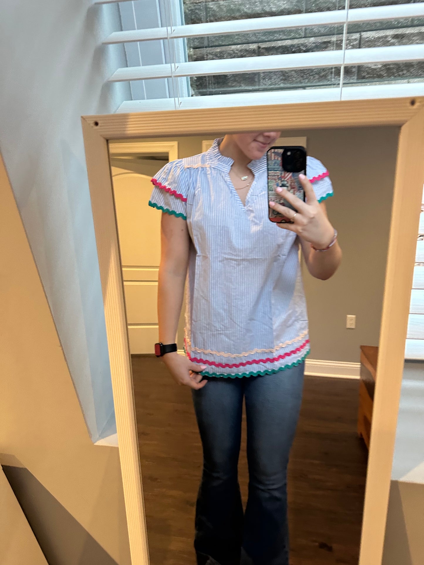 Sky Blue Stripe Ricrac Trim Split Neck Striped Ruffled Sleeve Blouse