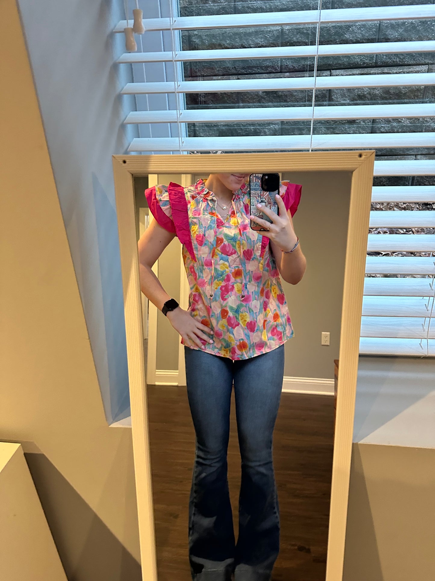 Pink Floral Layered Ruffle Flutter Sleeve Tie V Neck Blouse