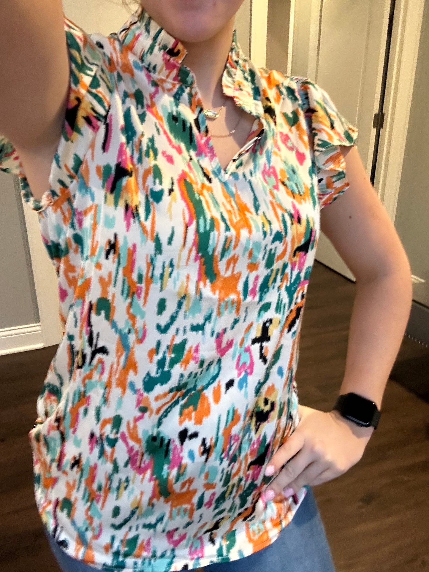 Green Abstract Print Split Neck Ruffle Sleeve Blouse