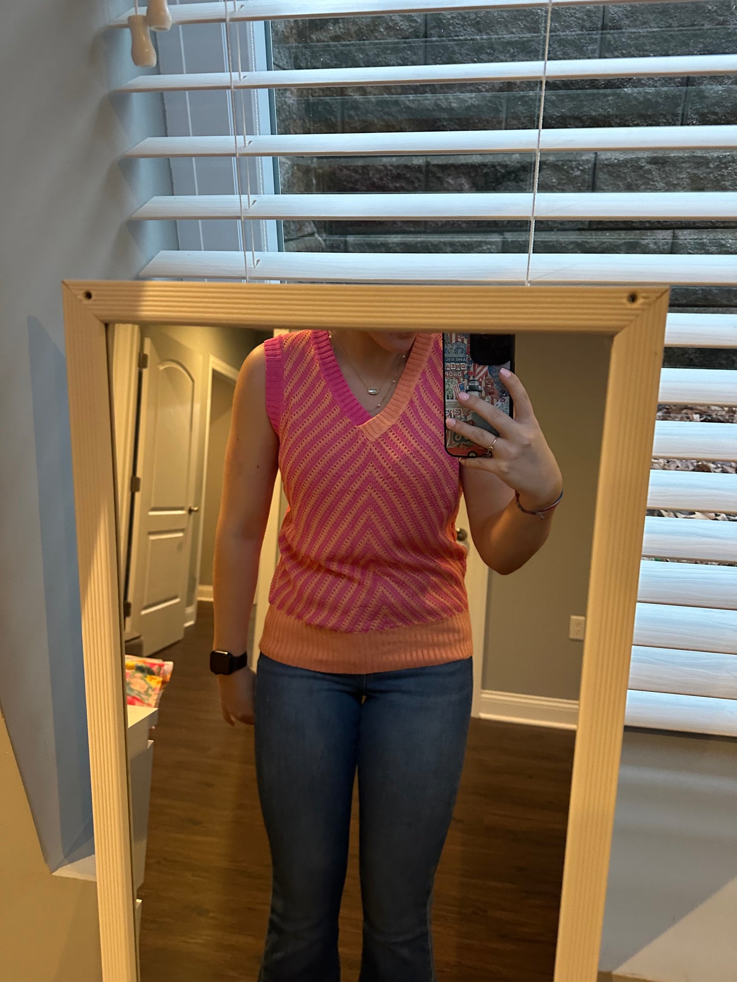 Strawberry Pink Contrast Chevron Knit V Neck Sweater Vest