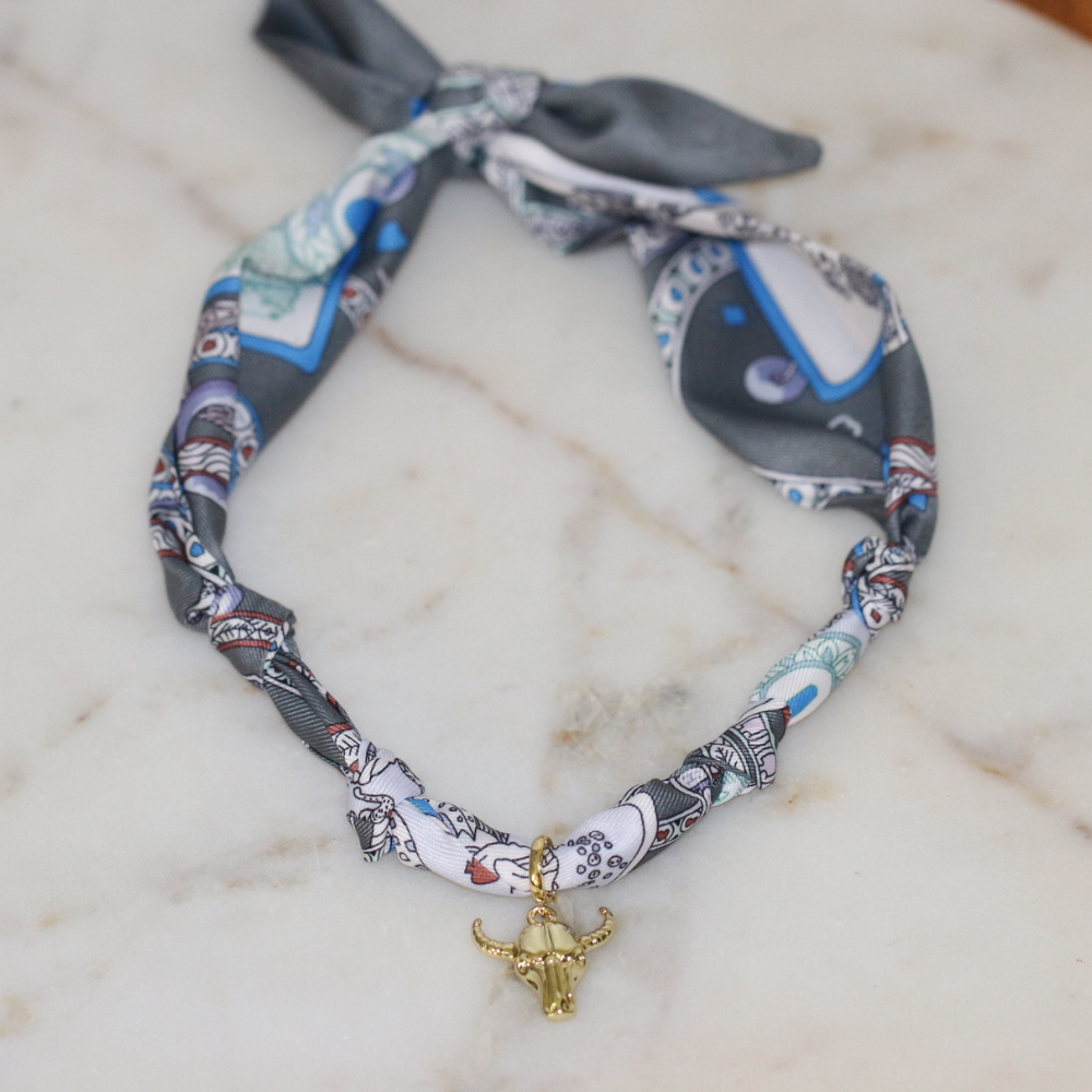 No Bull in Gray Scarf Necklace - gold bull pendant