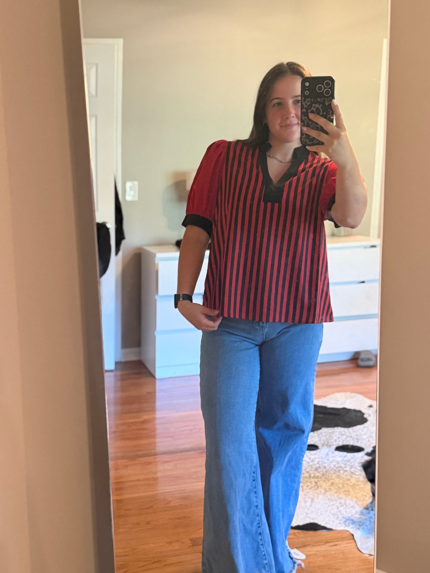 GAMEDAY THEME STRIPED WOVEN BLOUSE TOP