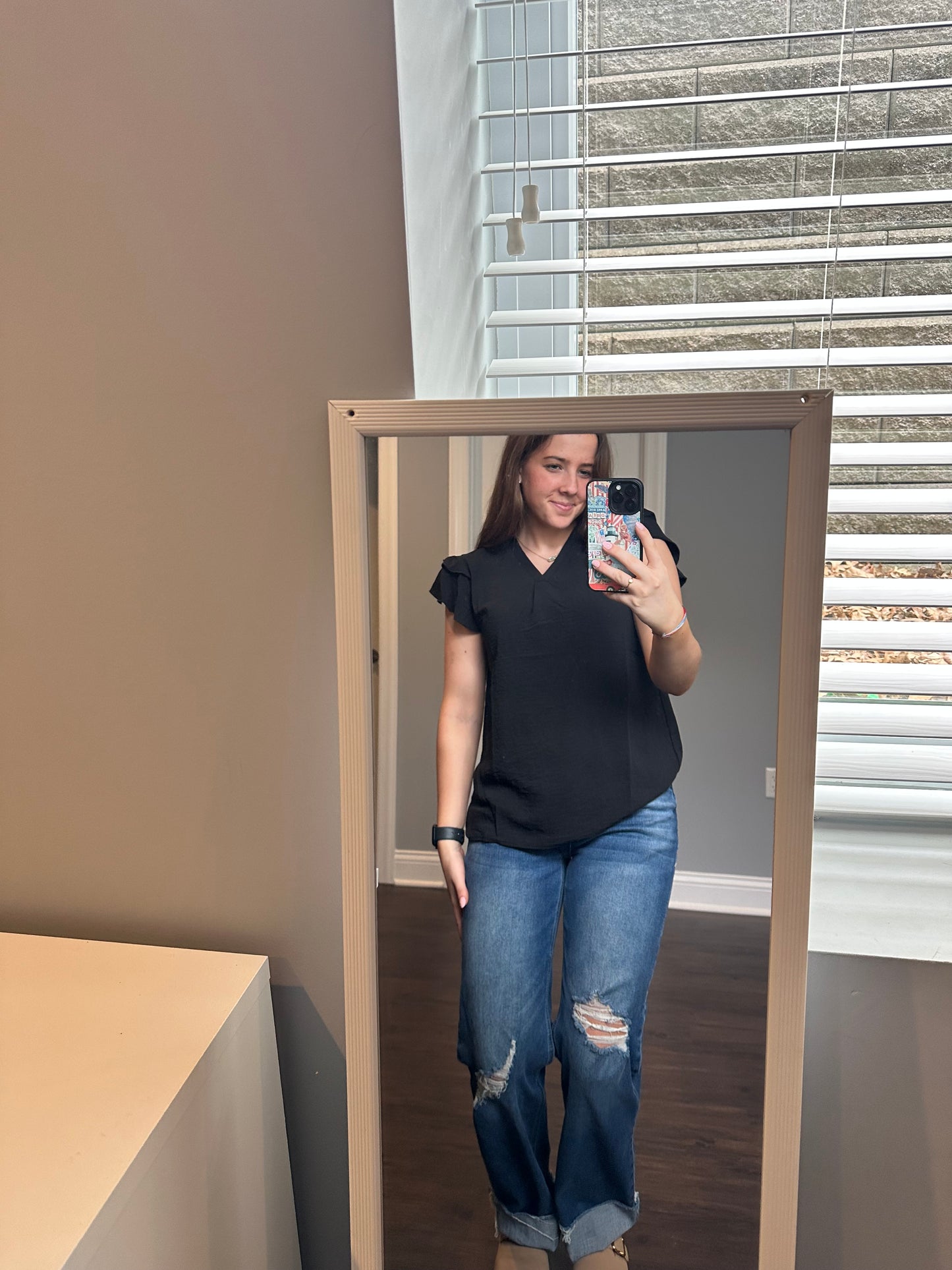 Black V Neck Ruffle Short Sleeve Blouse