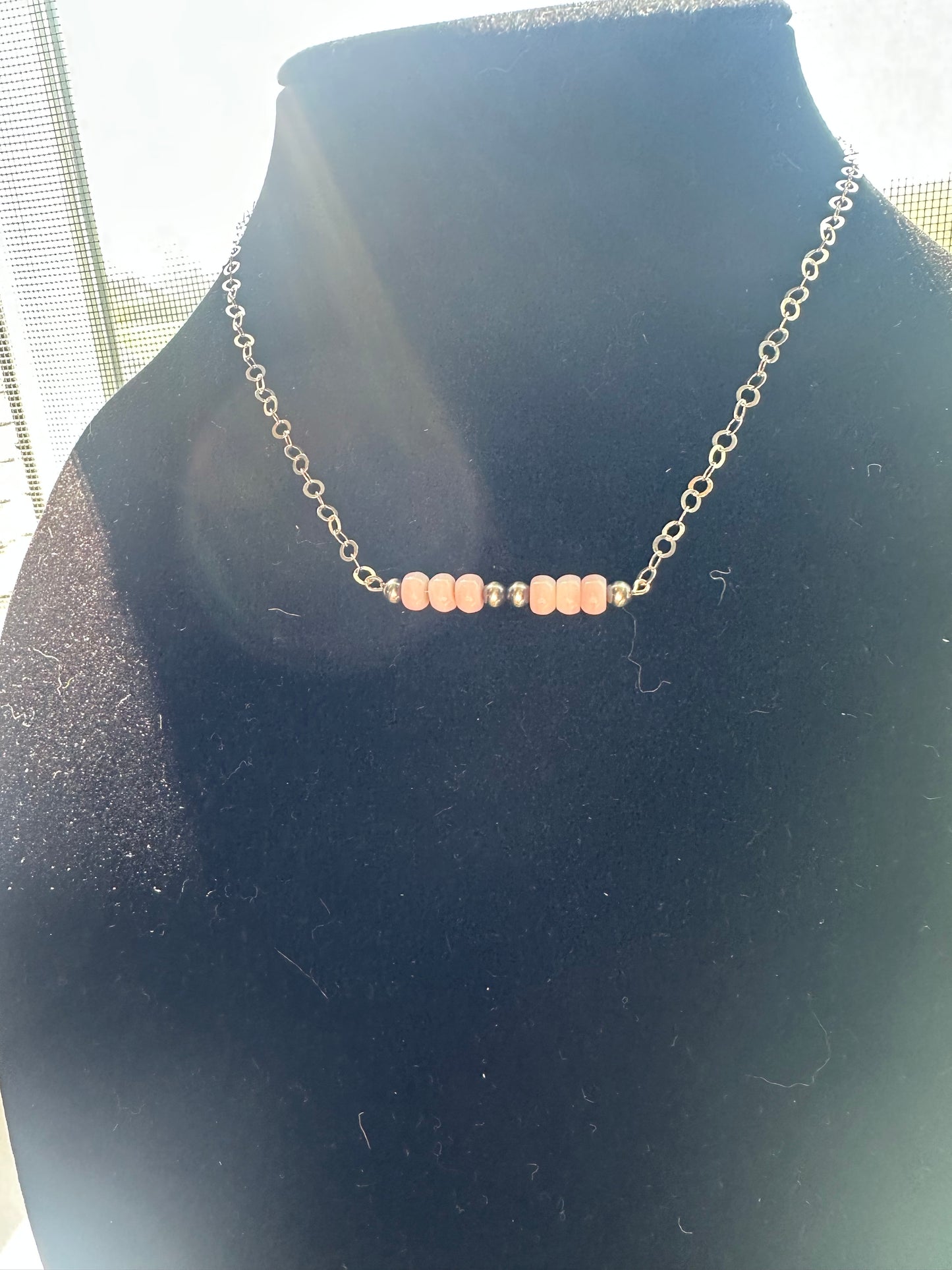 queen pink conch + 4mm sterling silver bead bar - Sterling Silver chain necklace