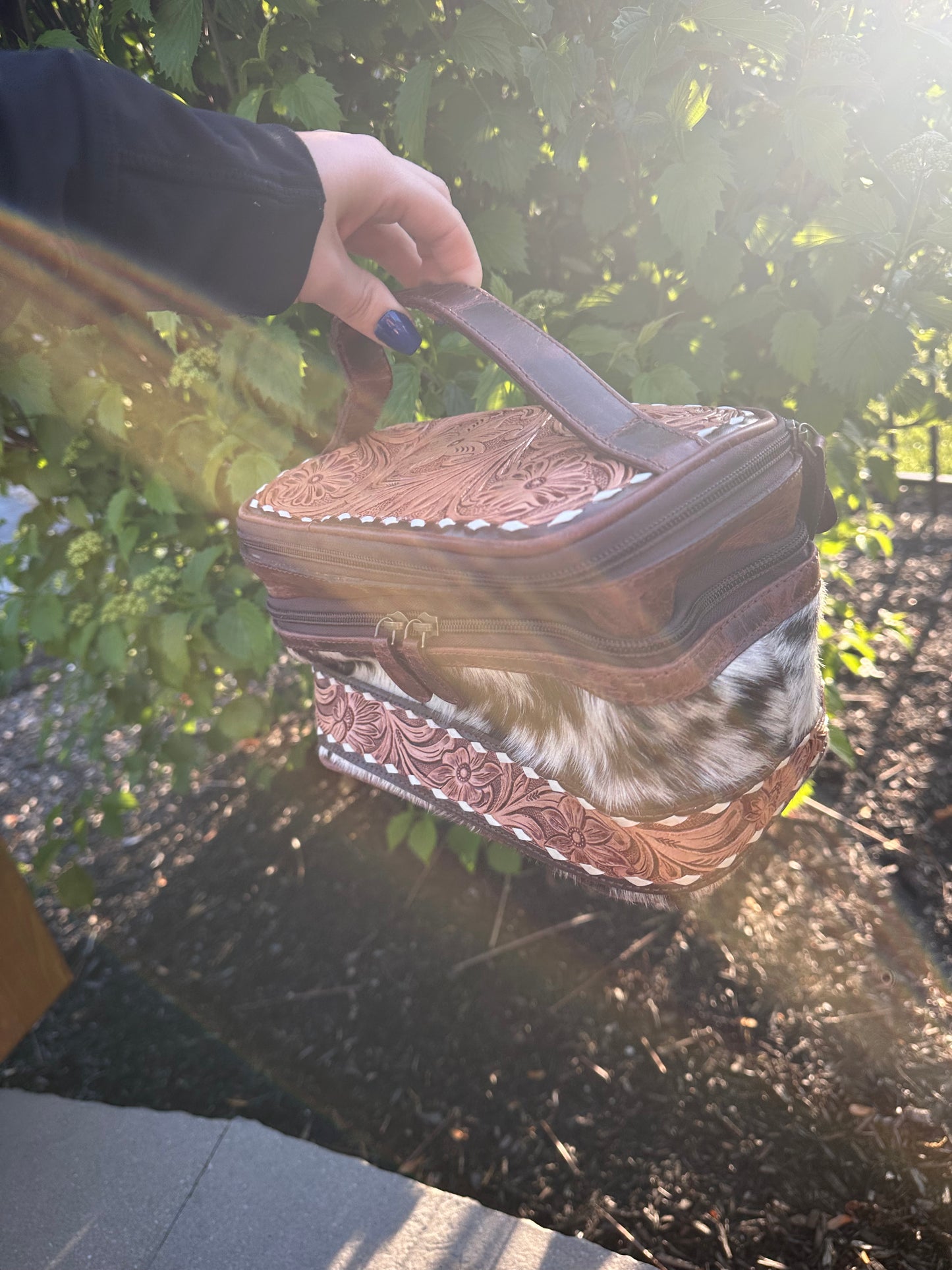 Hand Tooled Leather Cosmetic Make up Bag Women Travel Portable Pouch - Luxury Toiletry Bag