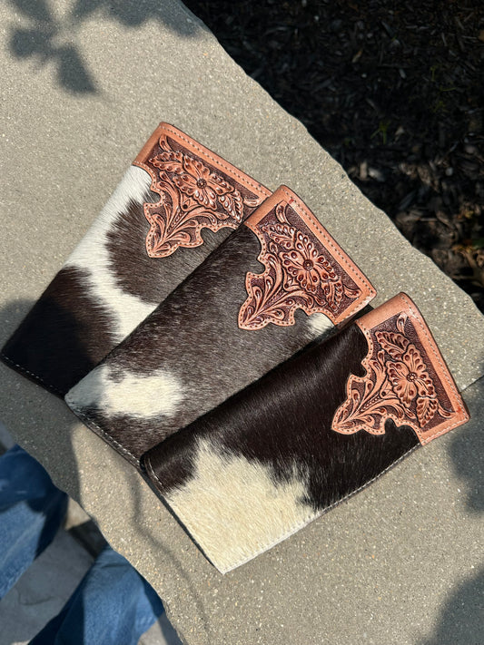 Hand Tooled Leather Detail / cowhide Long Bifold Wallet