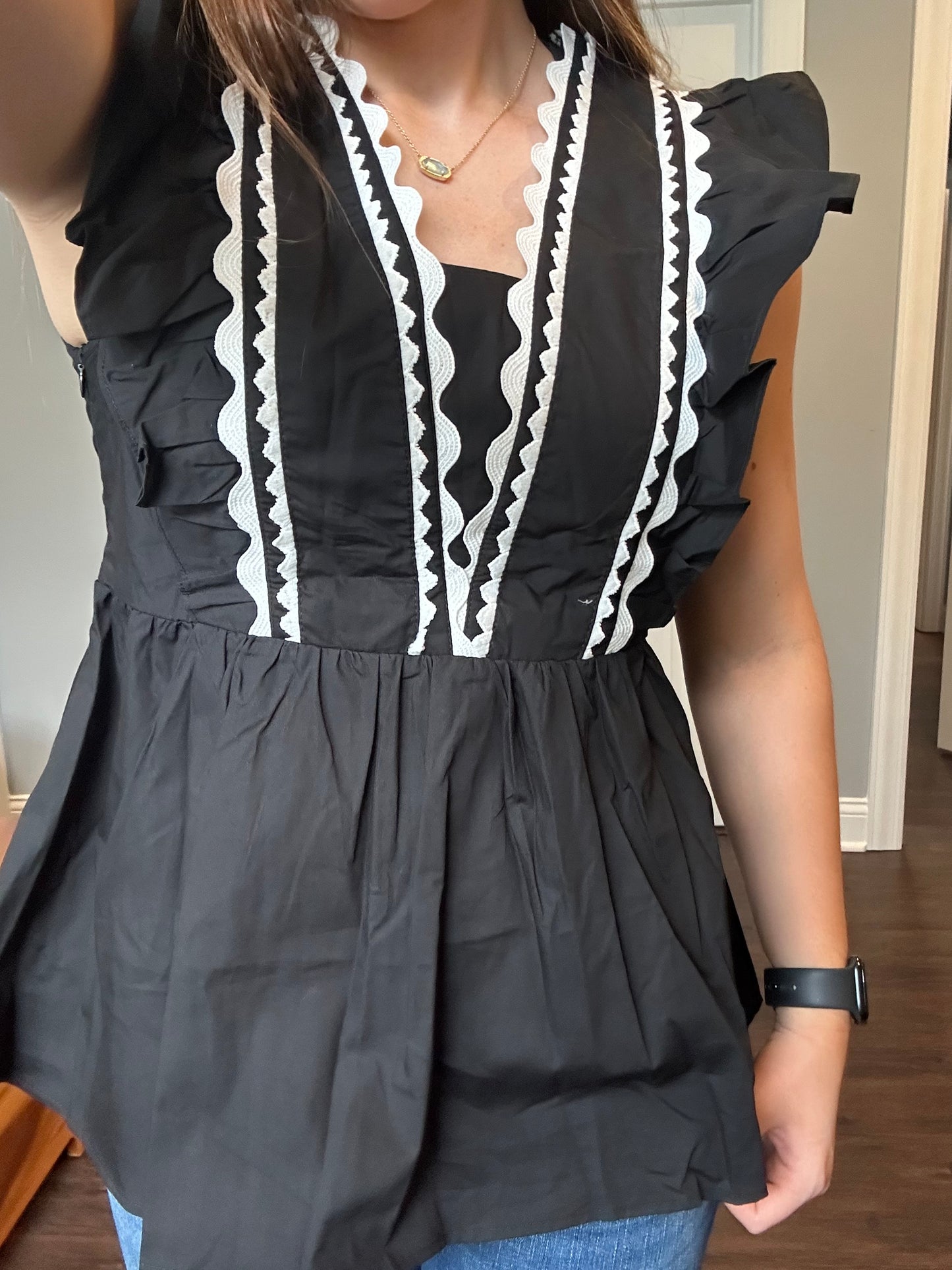 Black Contrast Ricrac Trim Ruffled V Neck Peplum Top