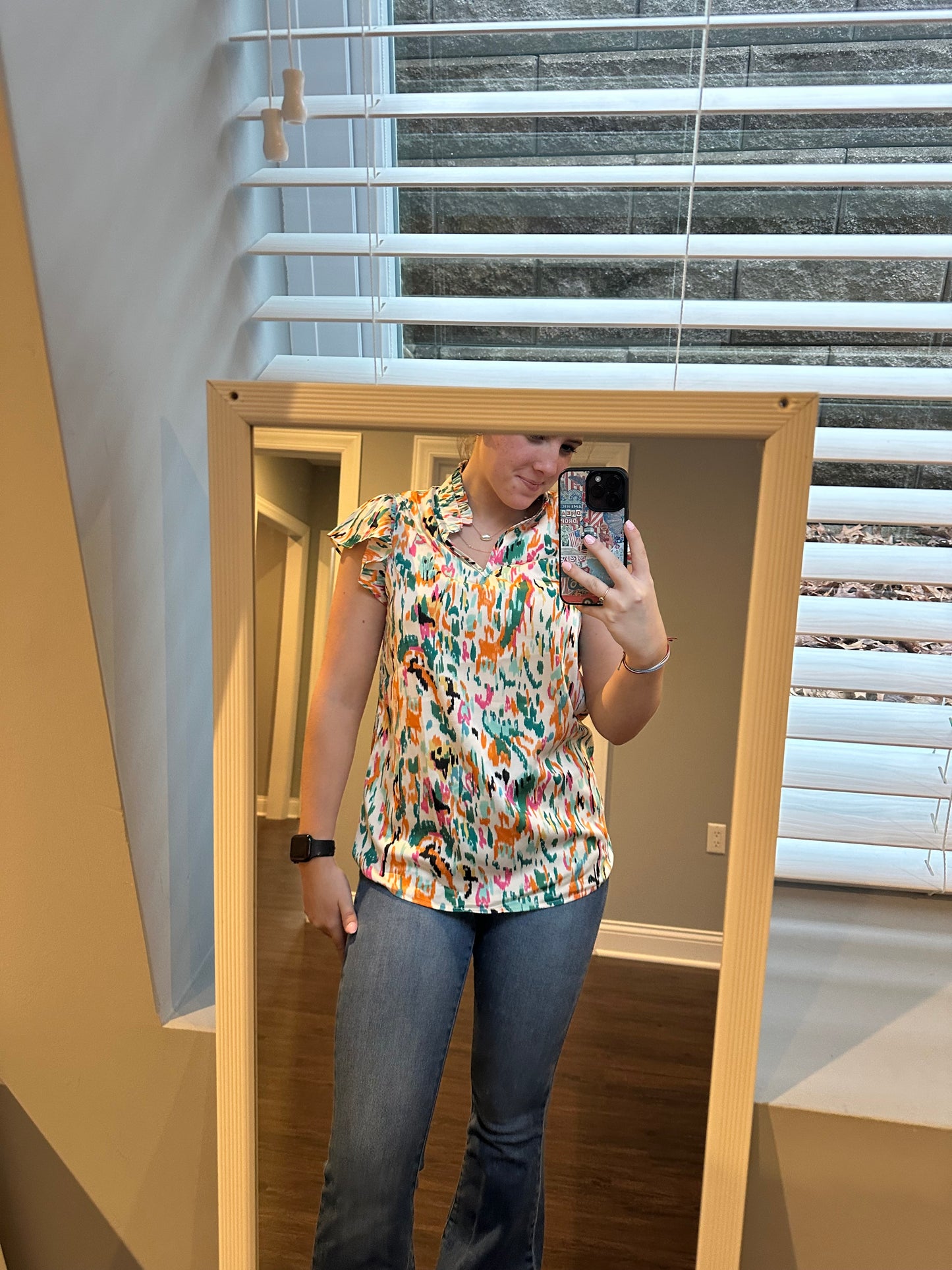 Green Abstract Print Split Neck Ruffle Sleeve Blouse