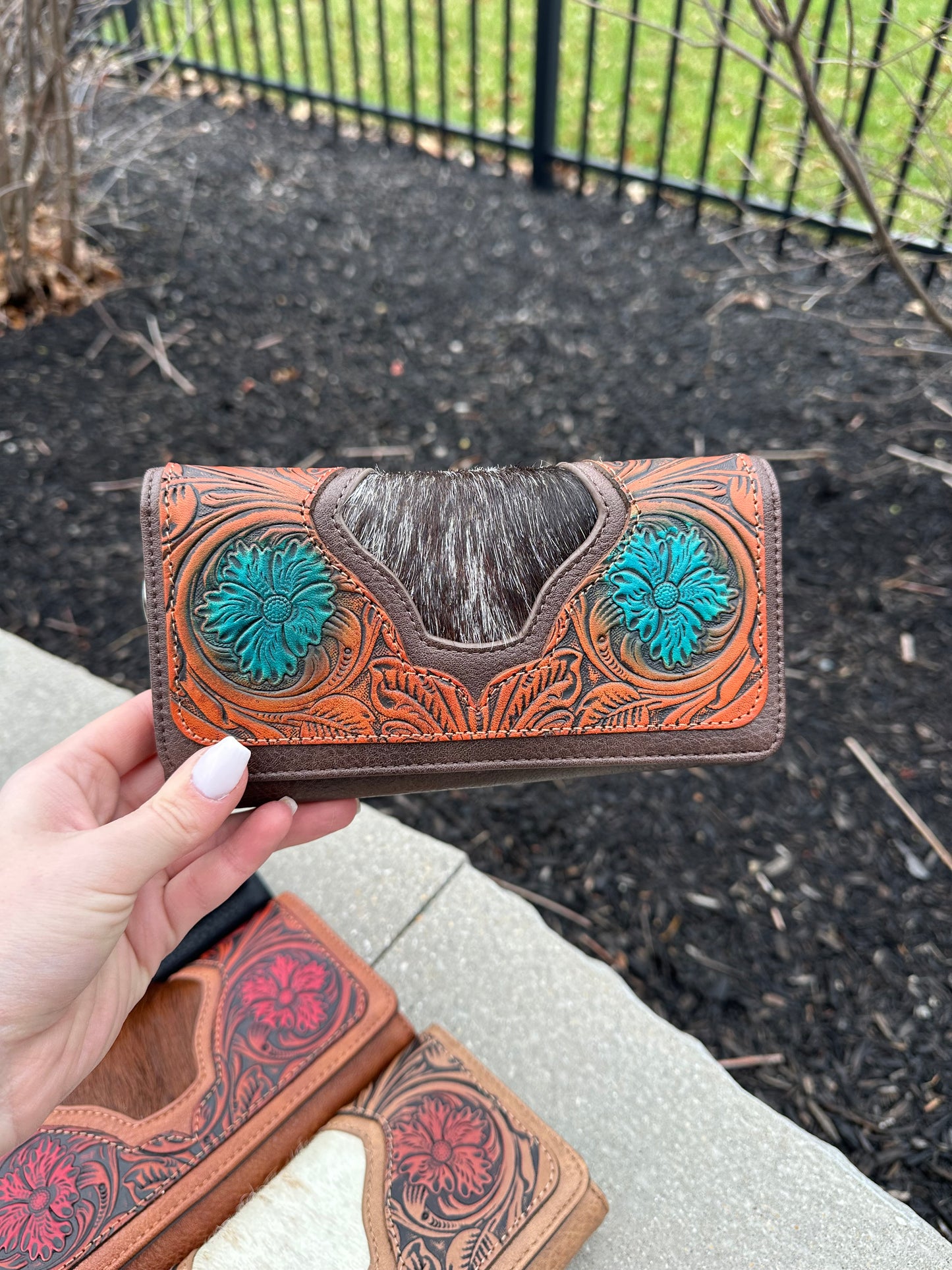 Trinity Ranch Floral Tooled and Hair-On Cowhide Collection Wallet