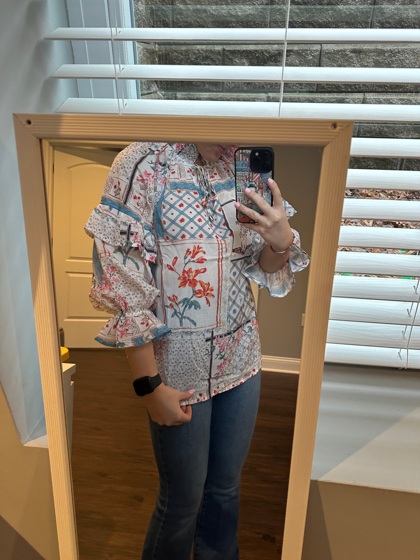 Multicolour Boho Floral Patched Ruffled Sleeve Tied Neck Blouse