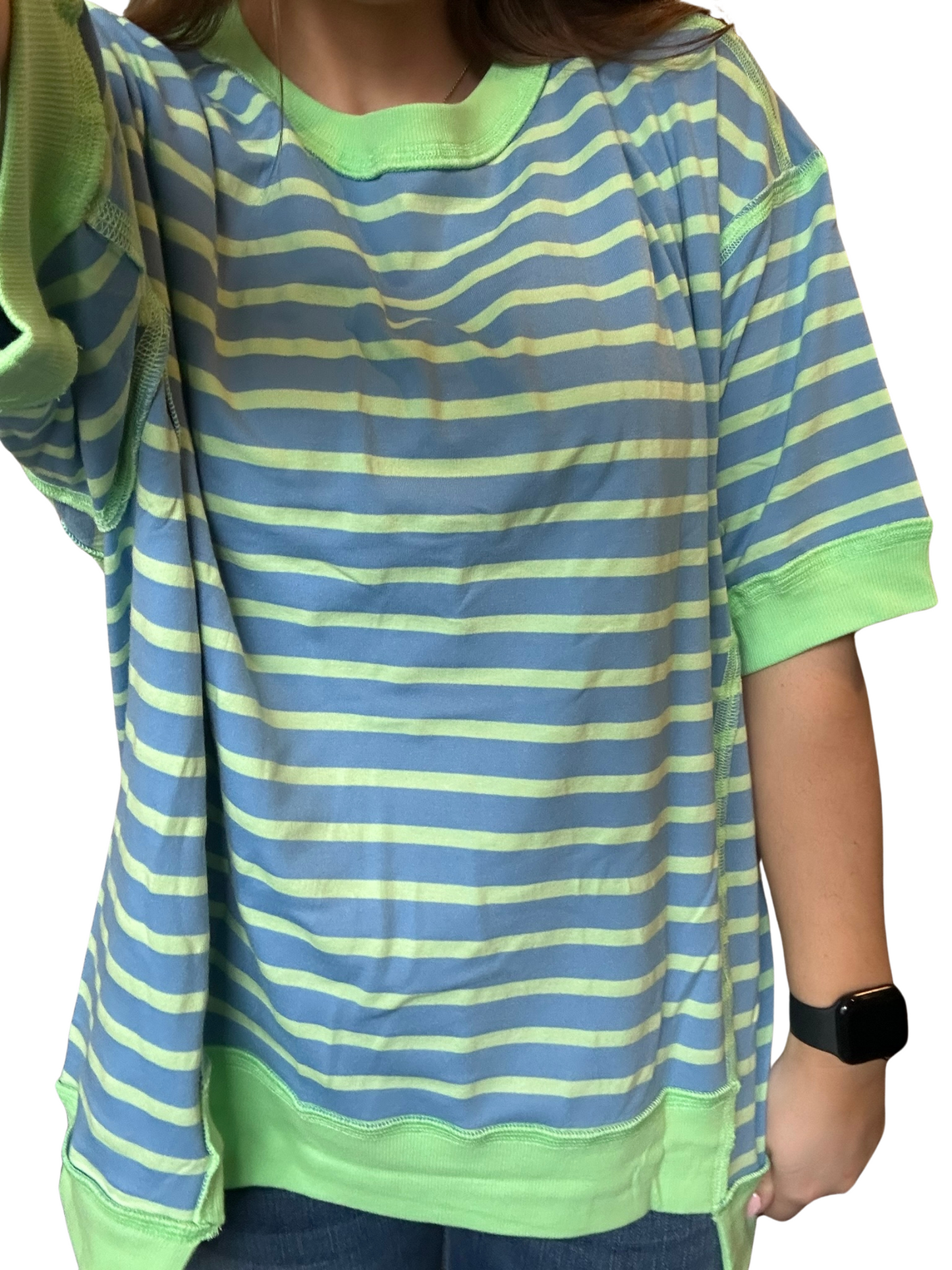 Stripe Oversized Contrast Trim Exposed Seam High Low T Shirt *2COLORS