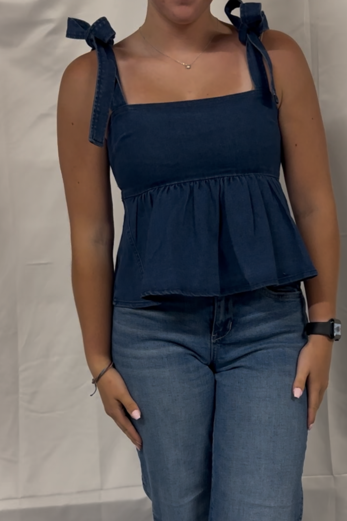 Denim Peplum Top W/ Shoulder Ties