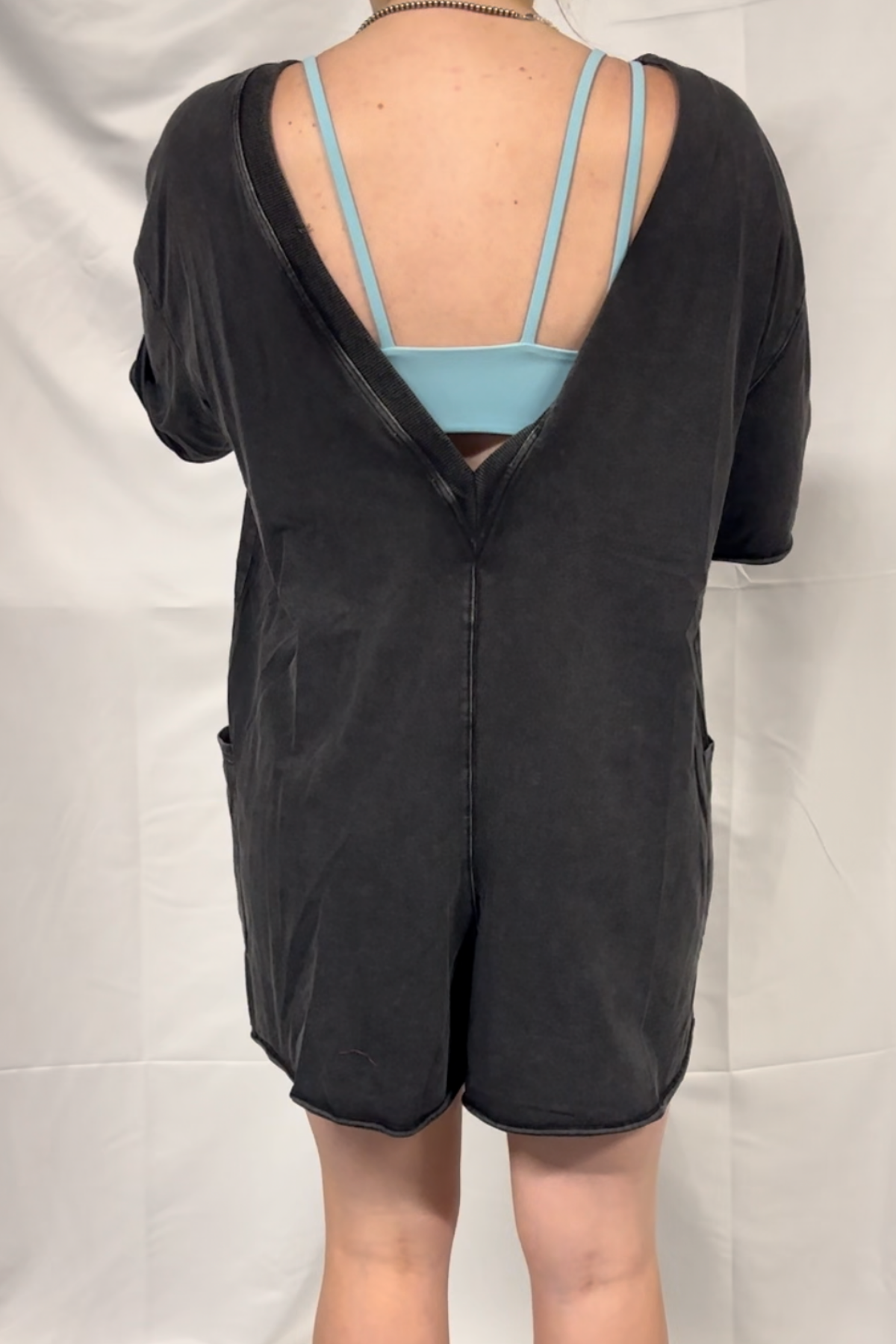 Short Sleeve Back Open Vintage Washed Romper