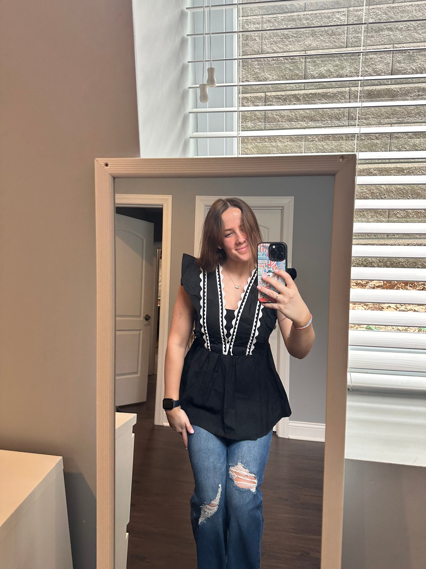 Black Contrast Ricrac Trim Ruffled V Neck Peplum Top