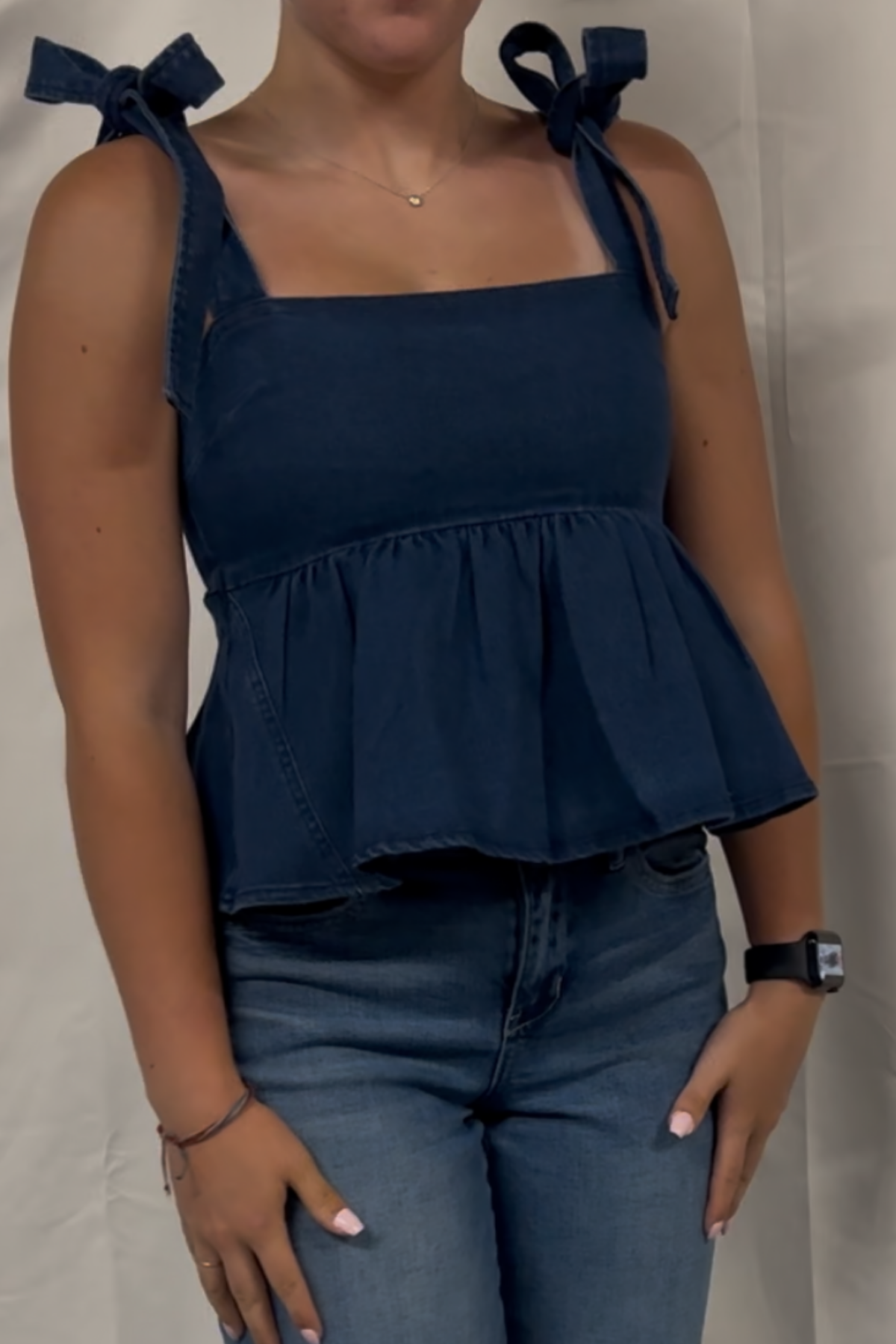 Denim Peplum Top W/ Shoulder Ties