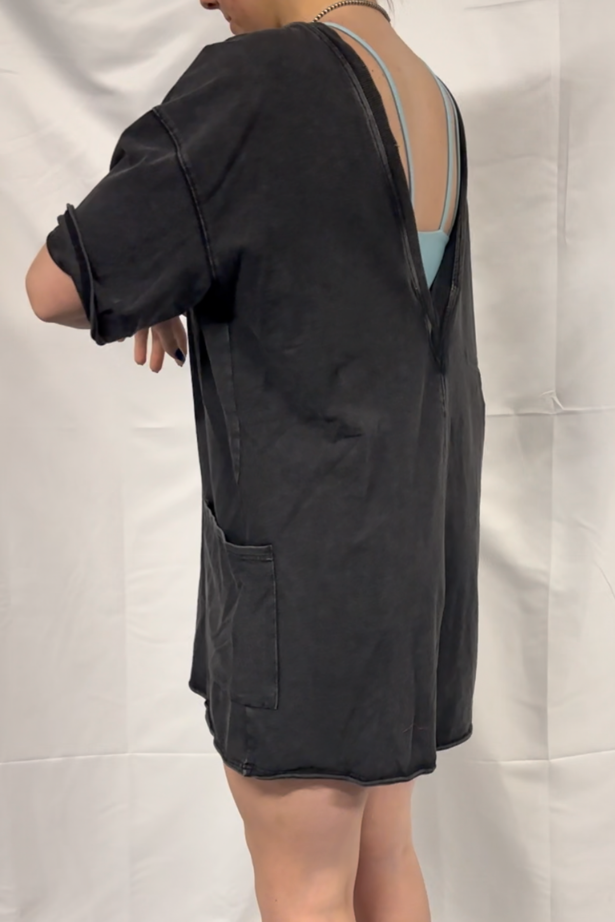 Short Sleeve Back Open Vintage Washed Romper