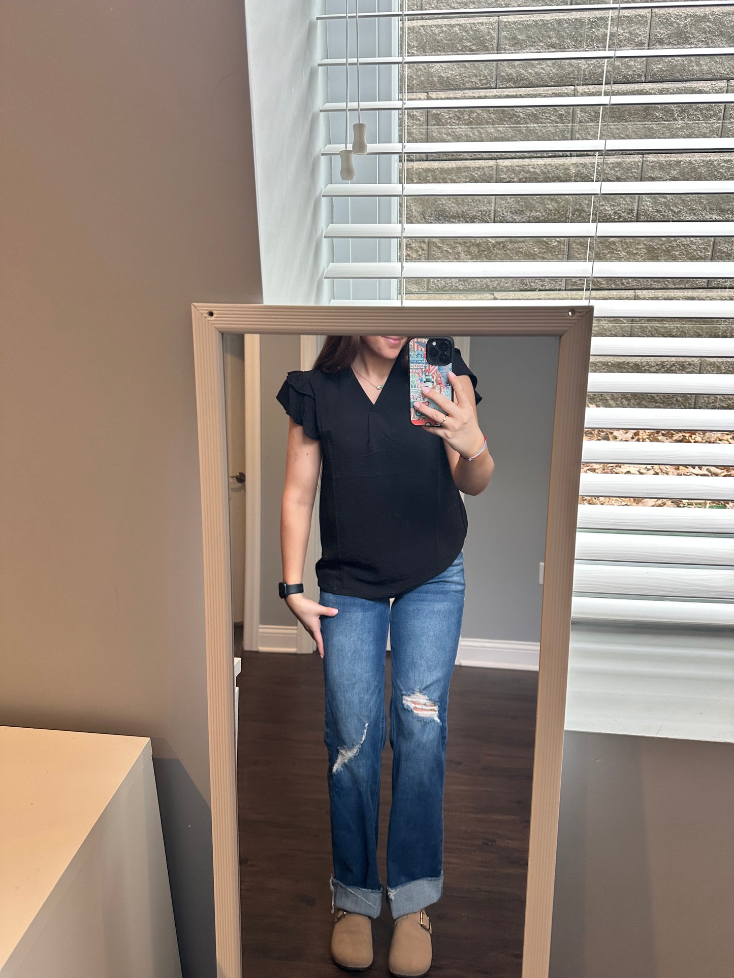 Black V Neck Ruffle Short Sleeve Blouse