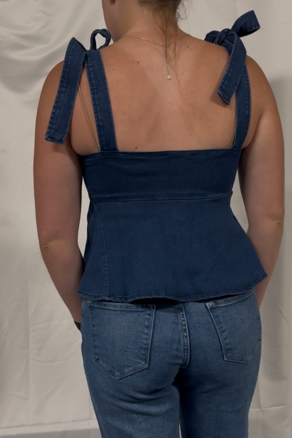 Denim Peplum Top W/ Shoulder Ties