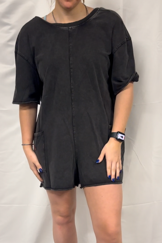 Short Sleeve Back Open Vintage Washed Romper