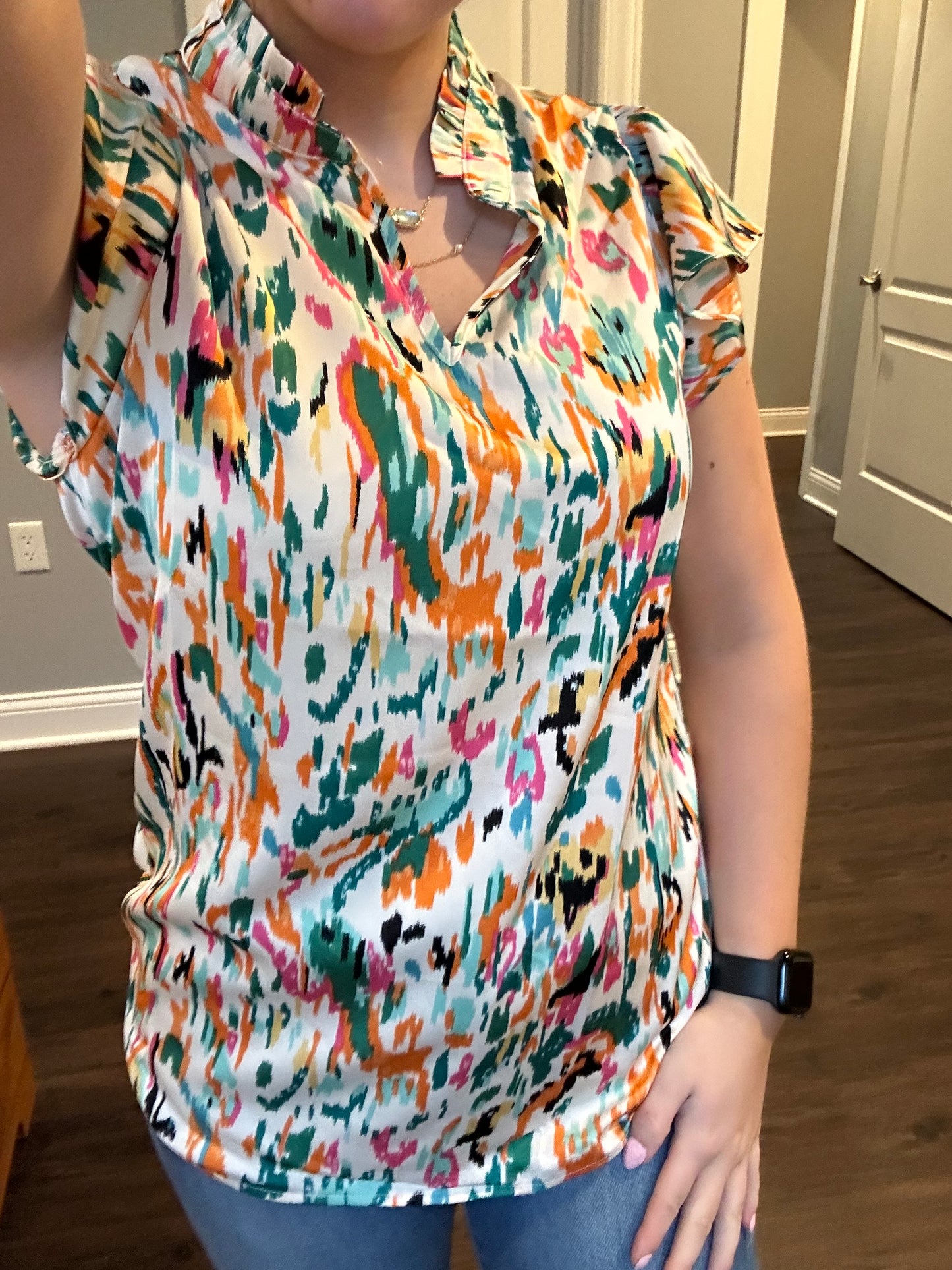 Green Abstract Print Split Neck Ruffle Sleeve Blouse