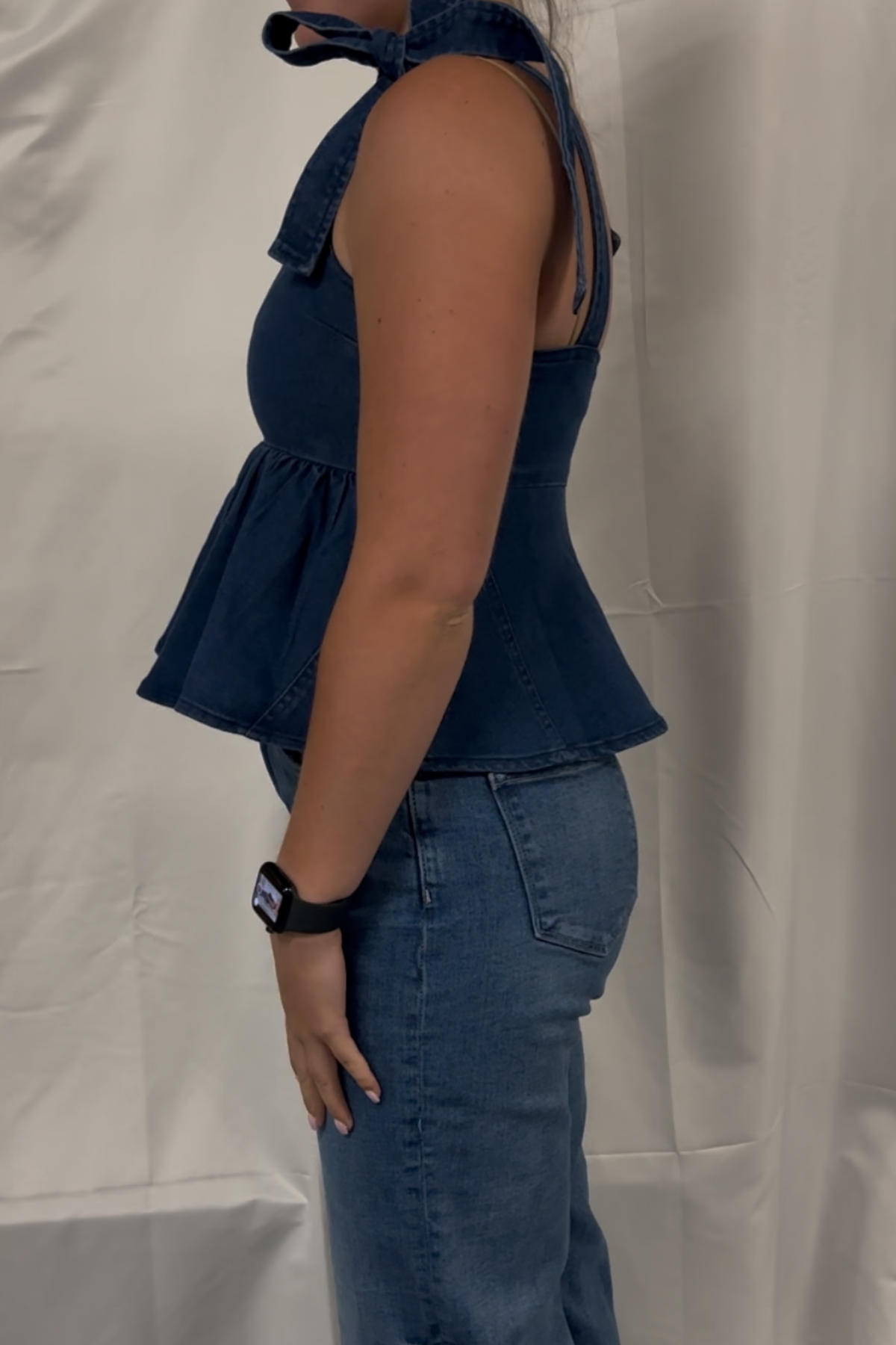 Denim Peplum Top W/ Shoulder Ties