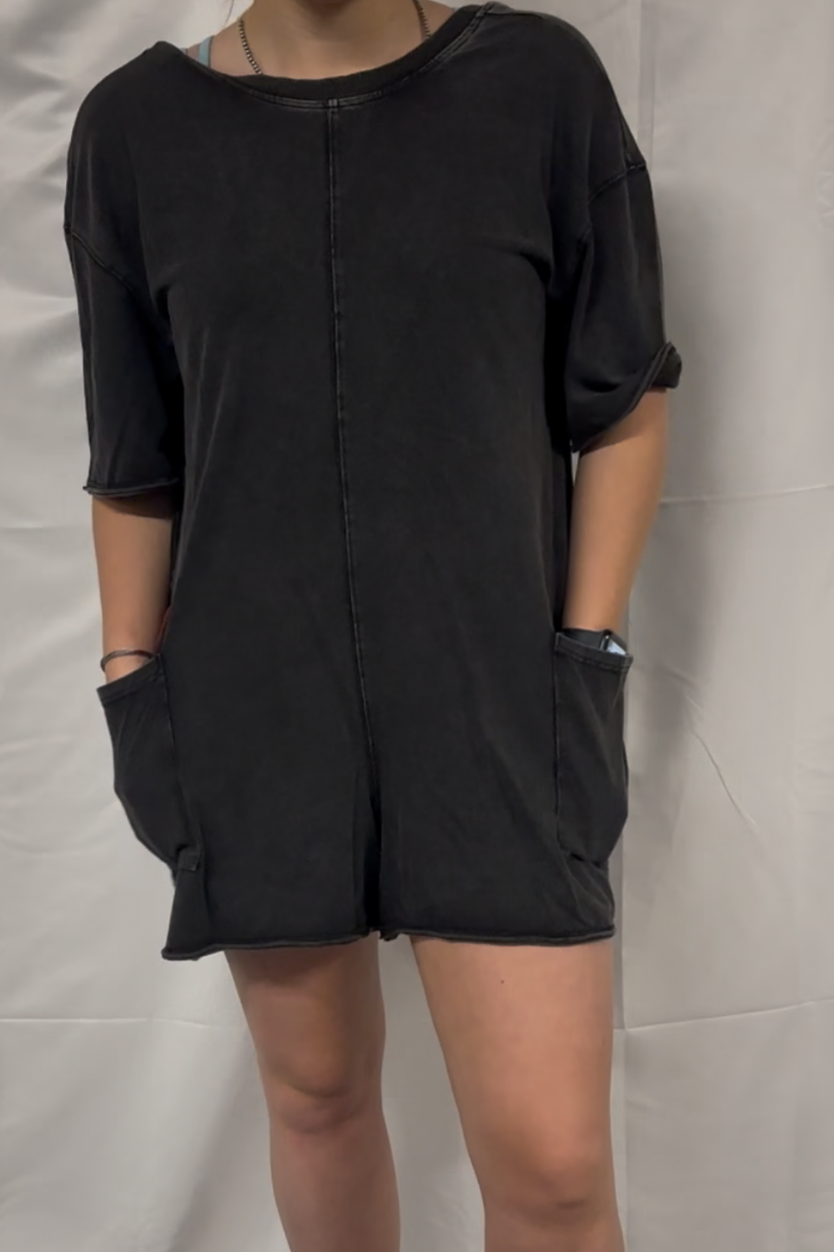 Short Sleeve Back Open Vintage Washed Romper