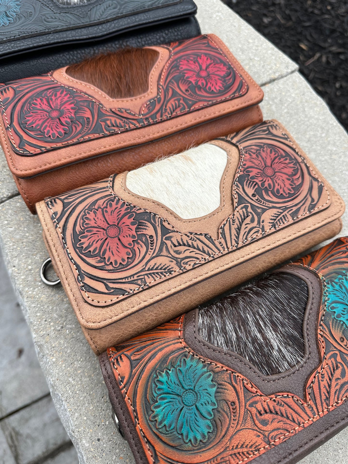 Trinity Ranch Floral Tooled and Hair-On Cowhide Collection Wallet