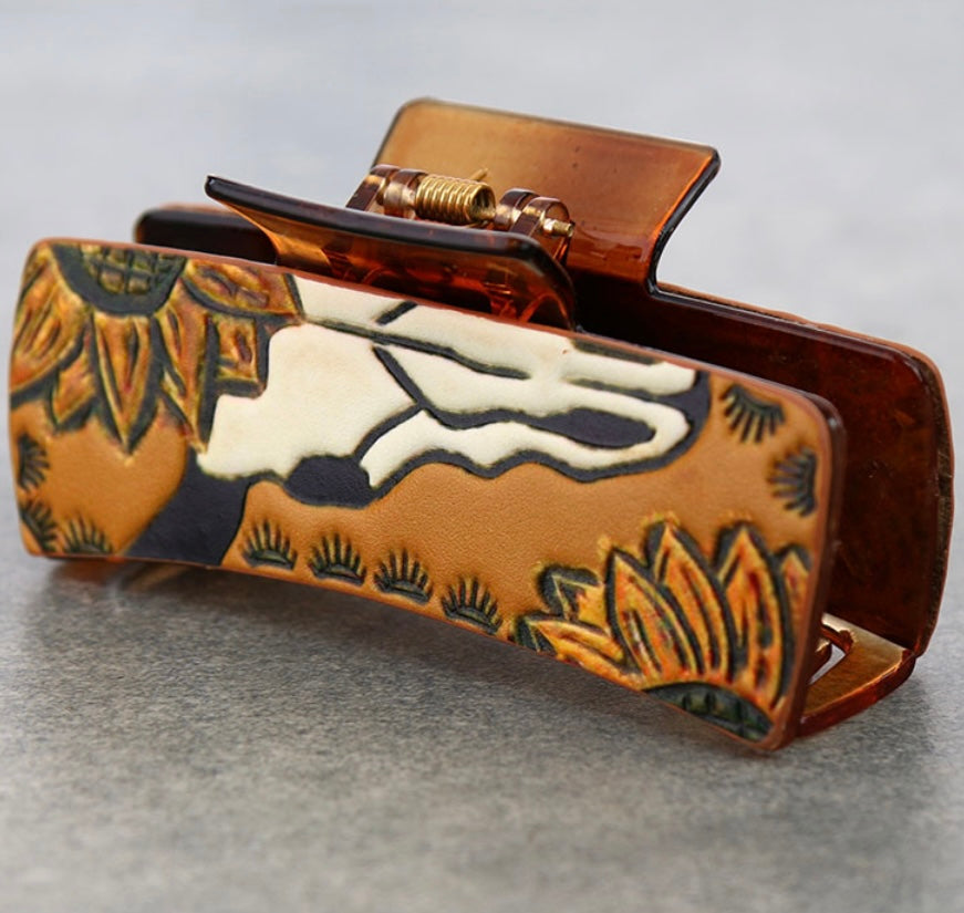 Large tooled leather western claw clip