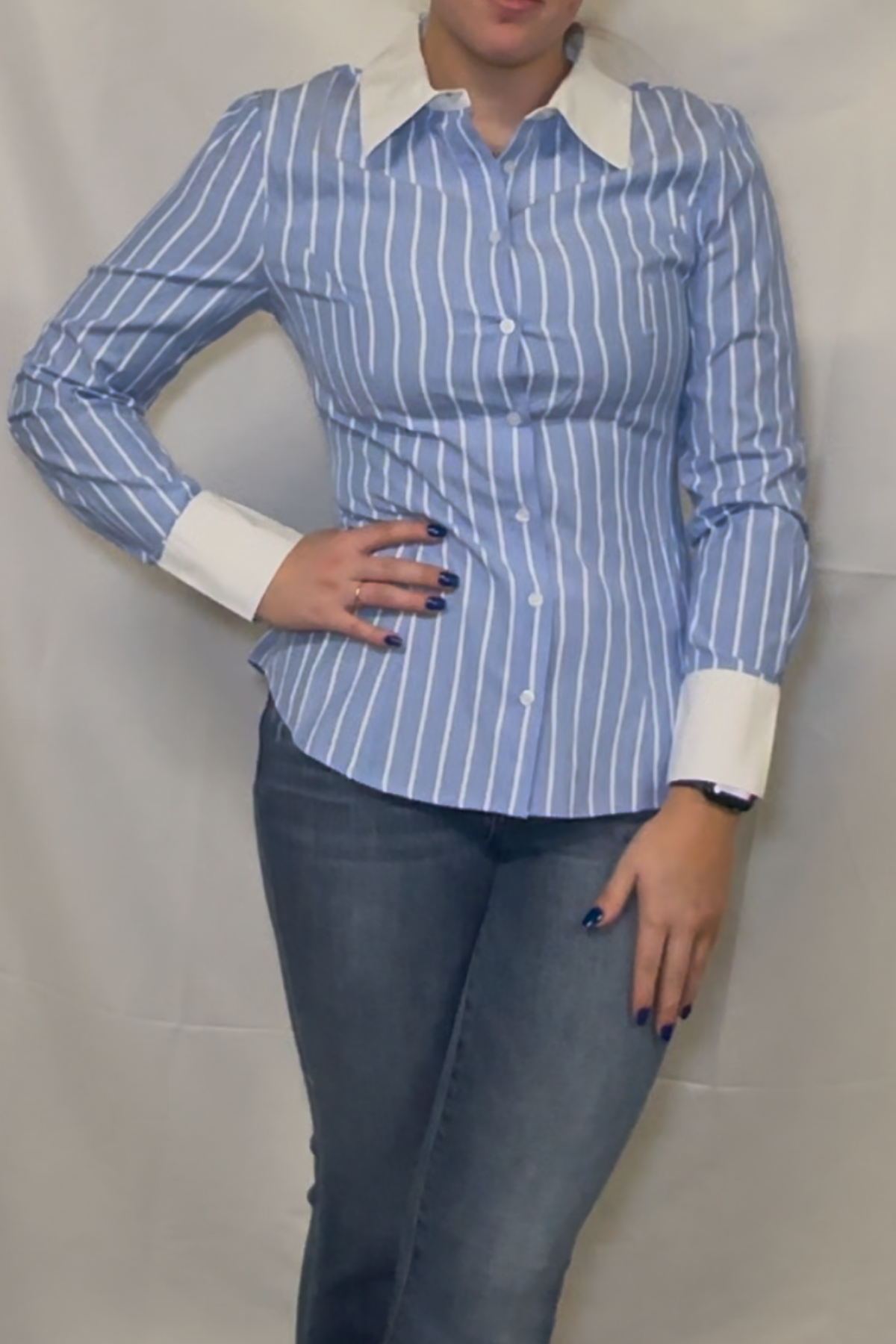 Stripe Button Down Blouse With Contrast Collar