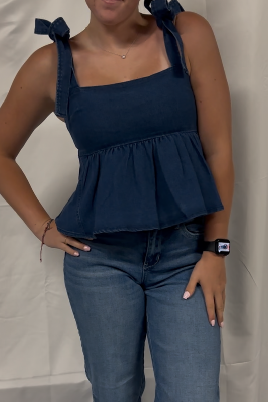 Denim Peplum Top W/ Shoulder Ties