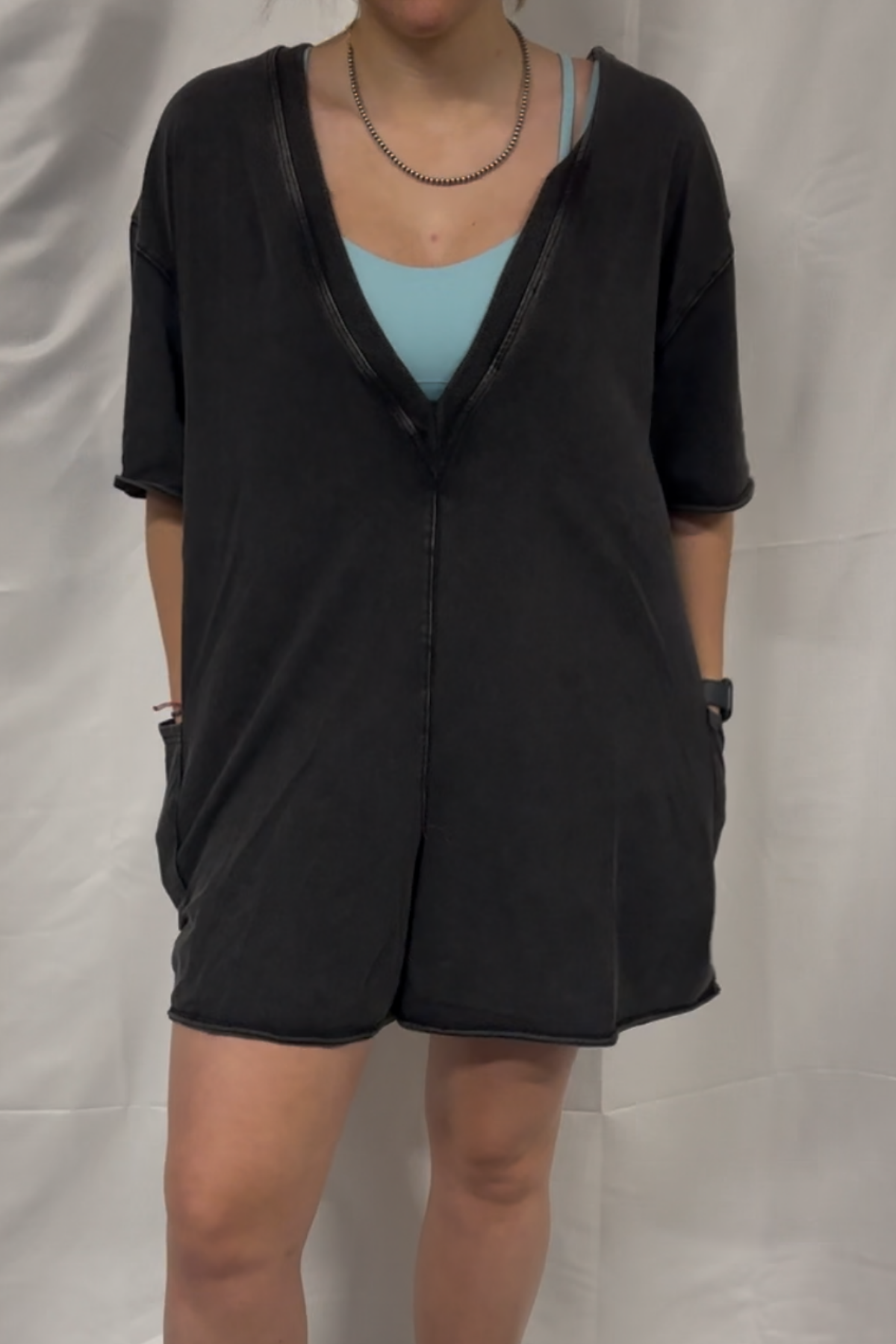 Short Sleeve Back Open Vintage Washed Romper