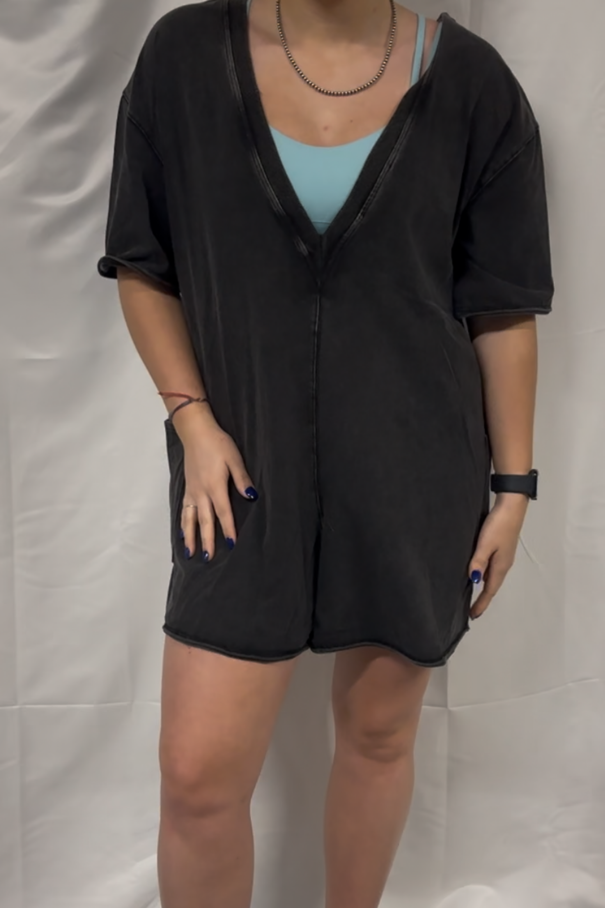 Short Sleeve Back Open Vintage Washed Romper