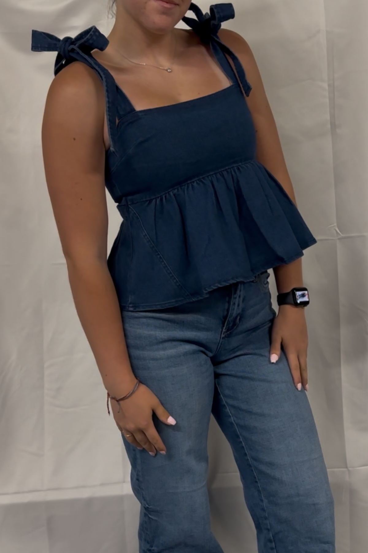 Denim Peplum Top W/ Shoulder Ties