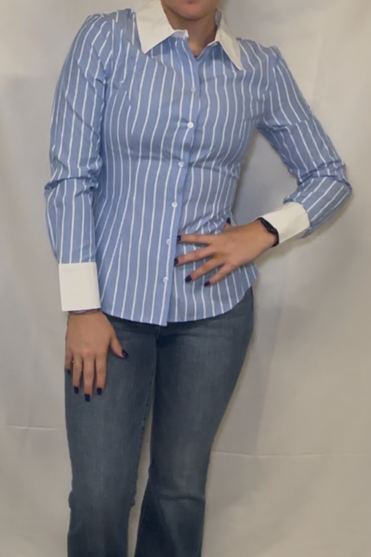 Stripe Button Down Blouse With Contrast Collar