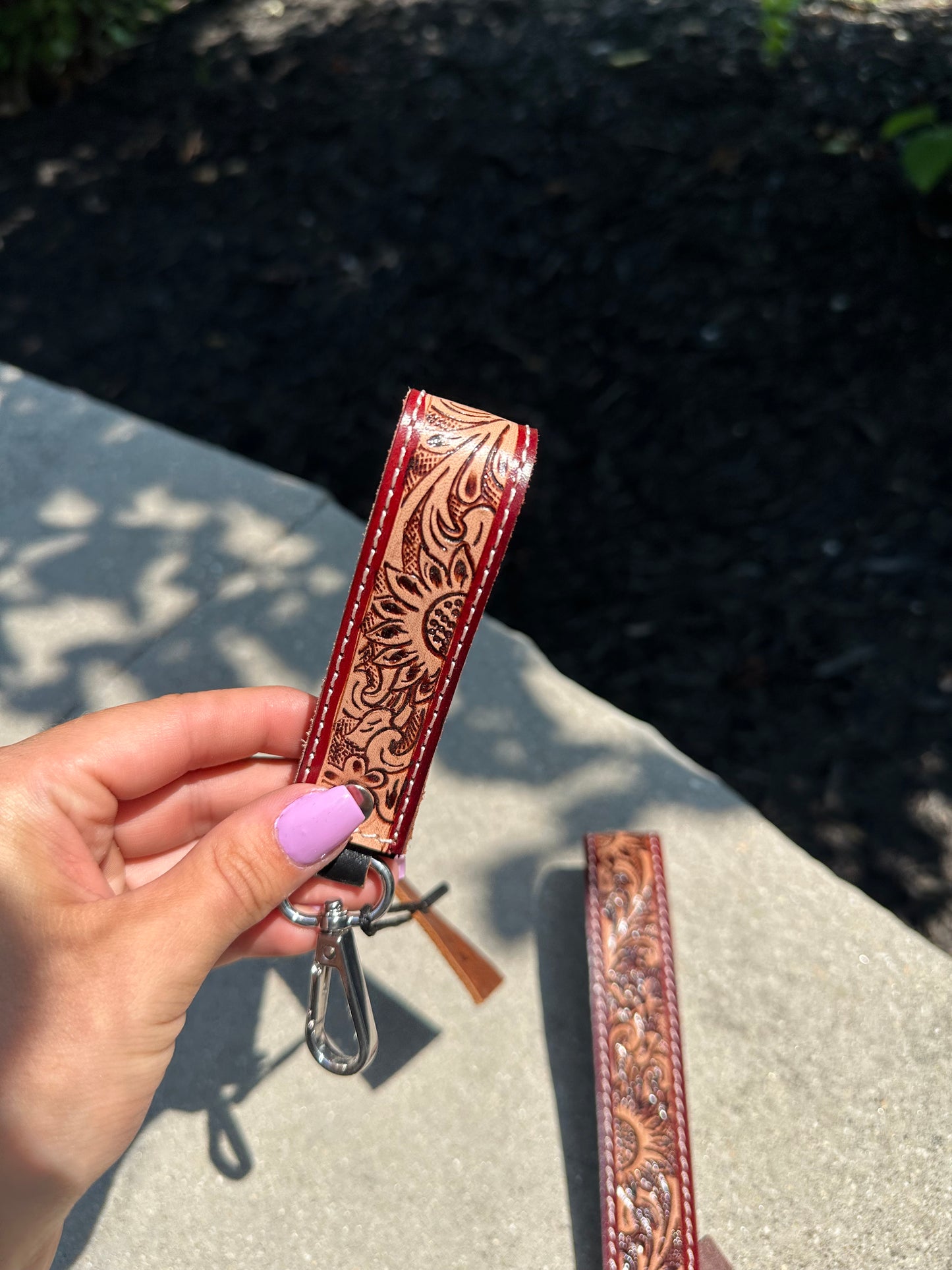 Tooled Leather Keychain - burgundy/dark brown/ sunflower