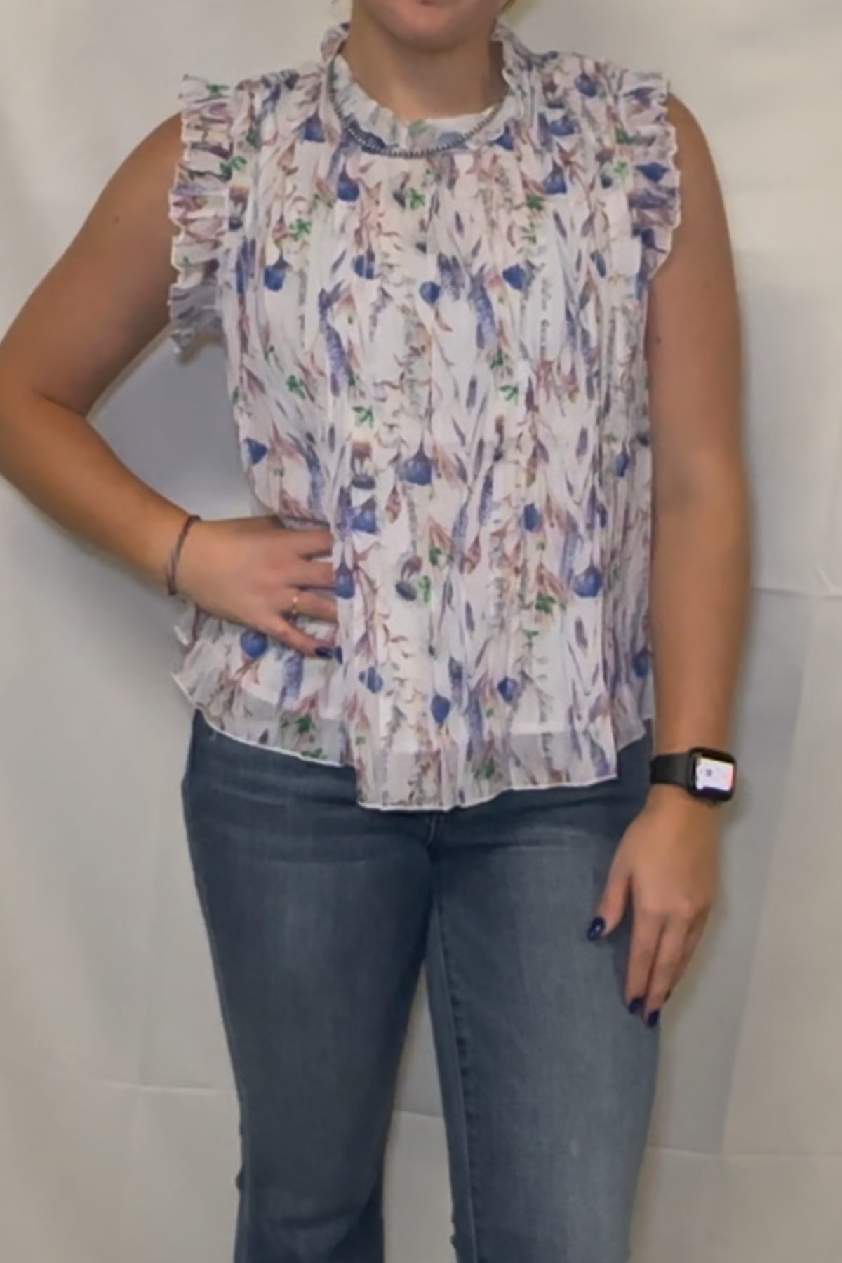 Floral Sleeveless Frill Neck Pleated Babydoll Tops