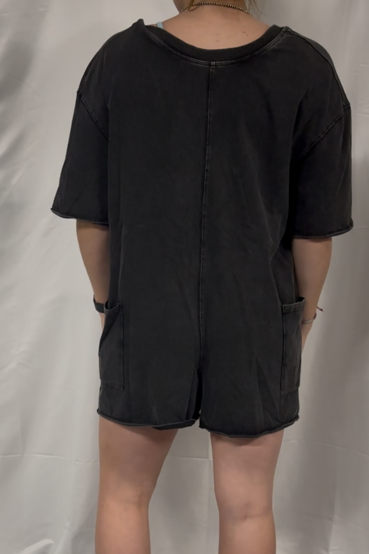 Short Sleeve Back Open Vintage Washed Romper