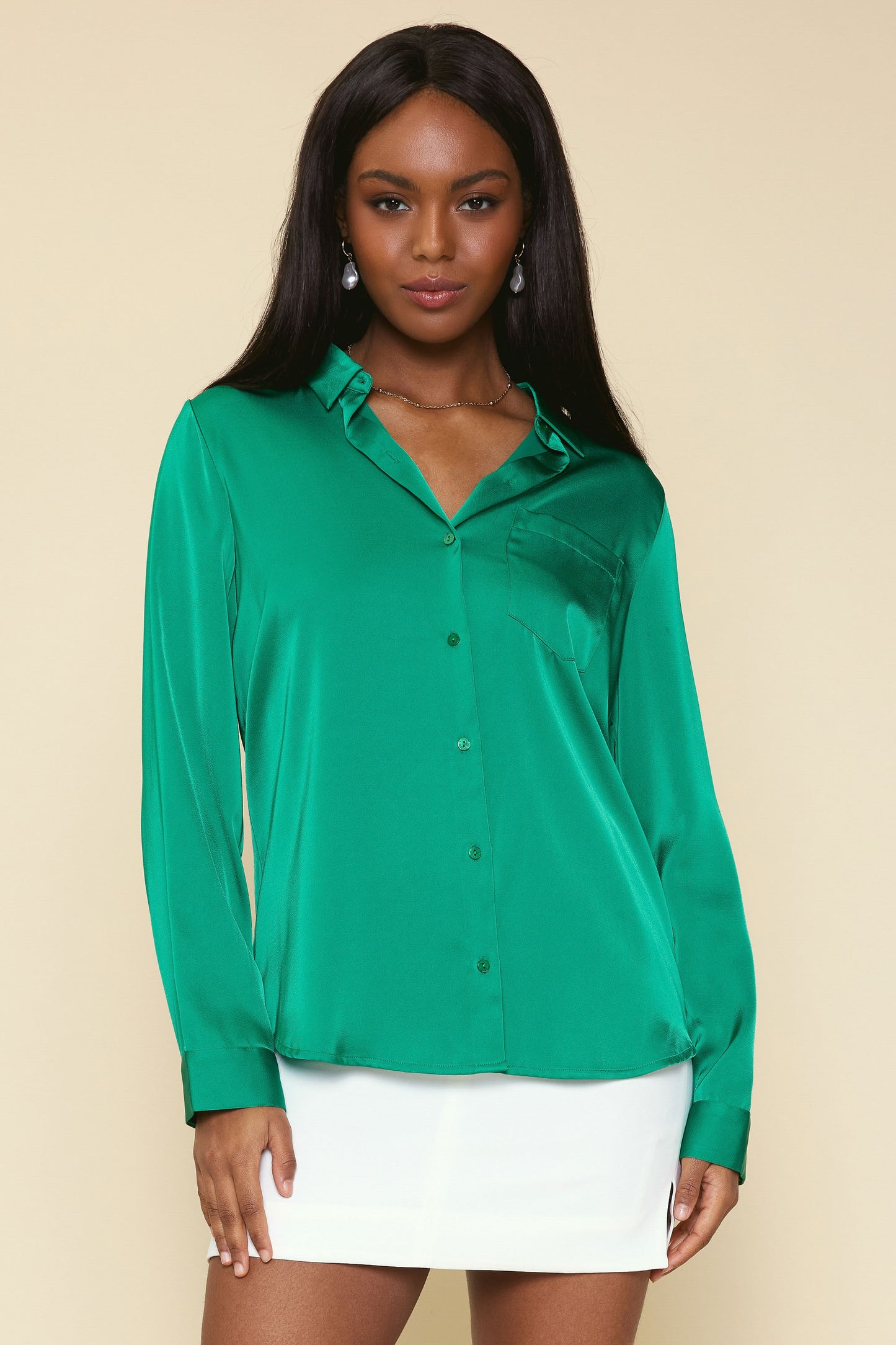 LONG SLEEVE SATIN BUTTON DOWN SHIRT WITH POCKET *6colors