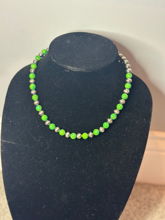 8mm bright green turquoise + Navajo style necklace