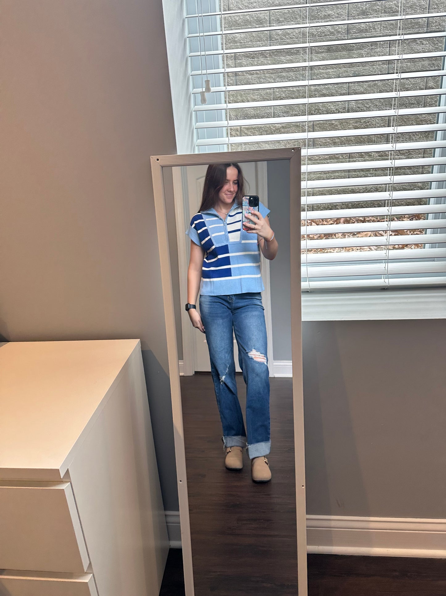 Sky Blue Stripe Colorblock Quarter Zip Collar Sweater Vest