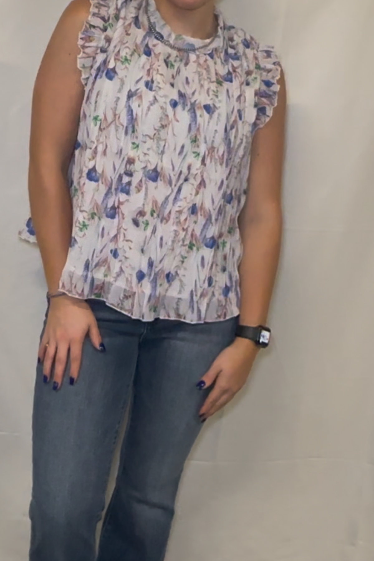 Floral Sleeveless Frill Neck Pleated Babydoll Tops