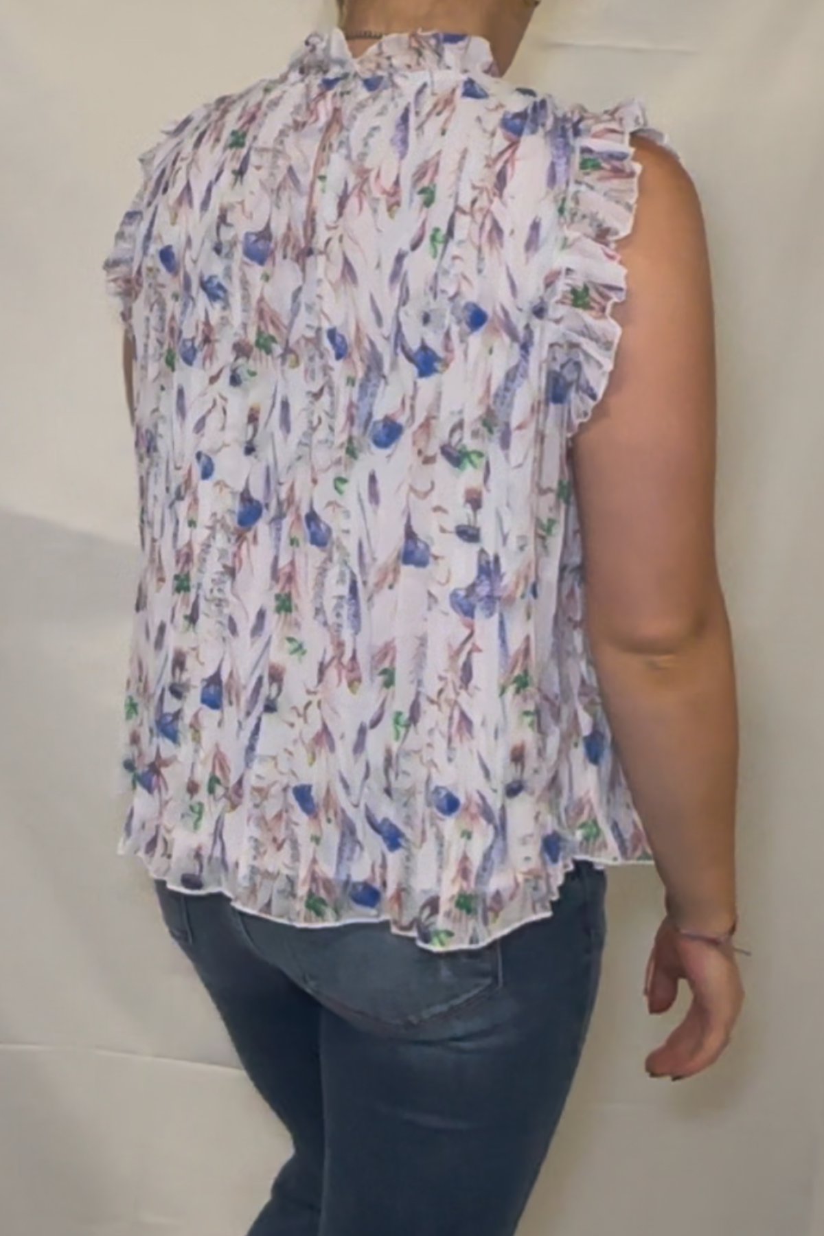 Floral Sleeveless Frill Neck Pleated Babydoll Tops