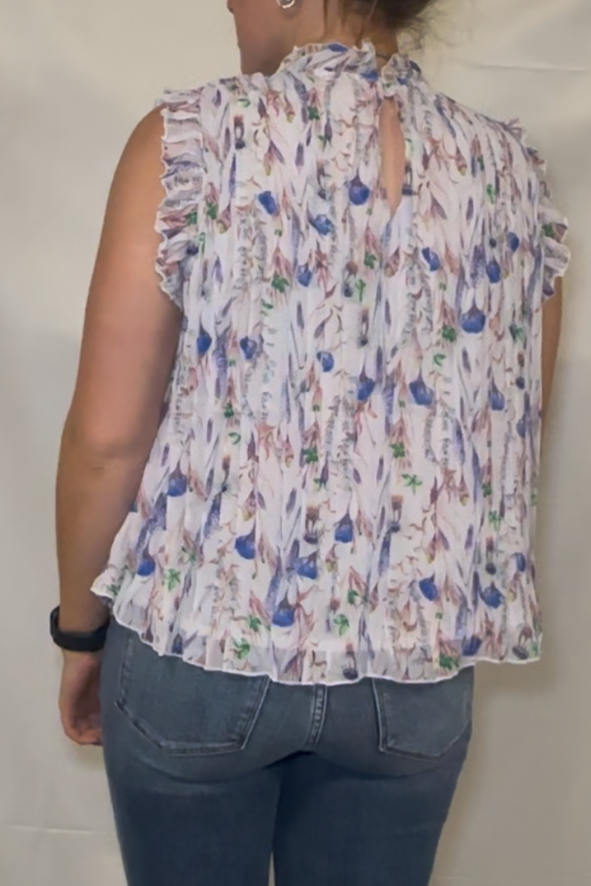 Floral Sleeveless Frill Neck Pleated Babydoll Tops