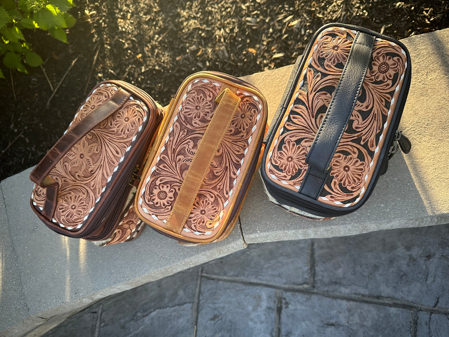 Hand Tooled Leather Cosmetic Make up Bag Women Travel Portable Pouch - Luxury Toiletry Bag