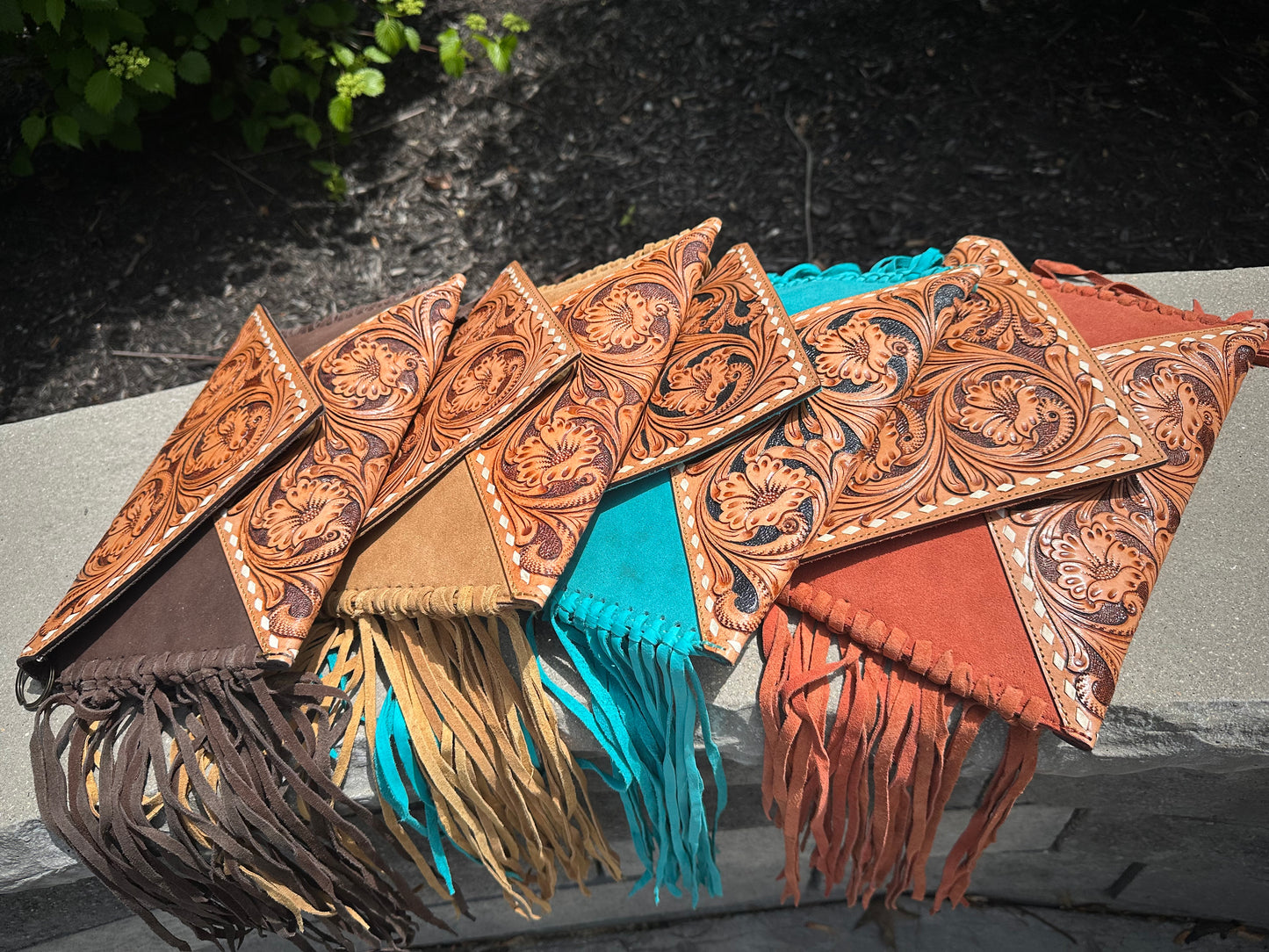 Hand Tooled Suede Leather Fringe Crossbody Bag