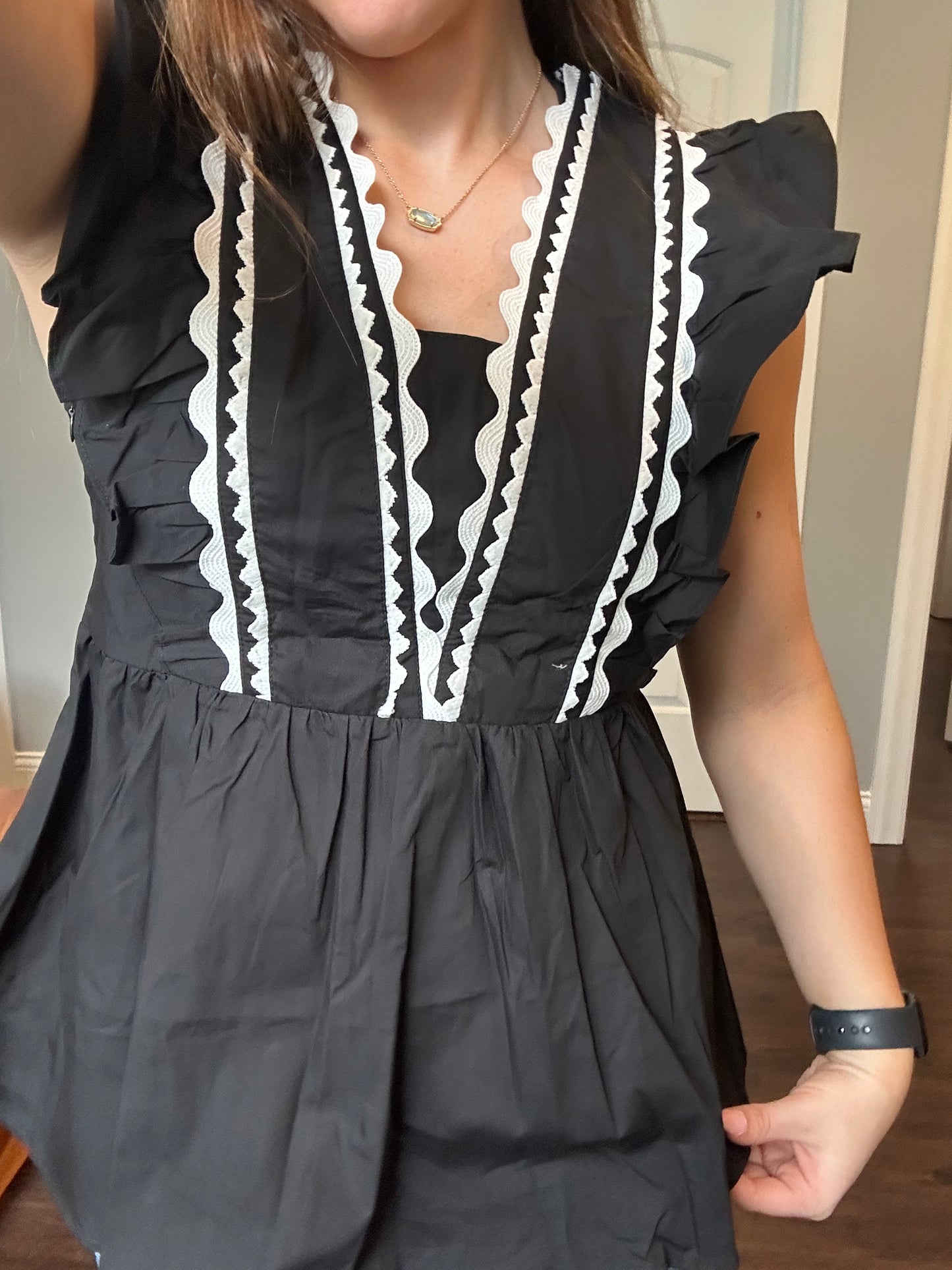 Black Contrast Ricrac Trim Ruffled V Neck Peplum Top