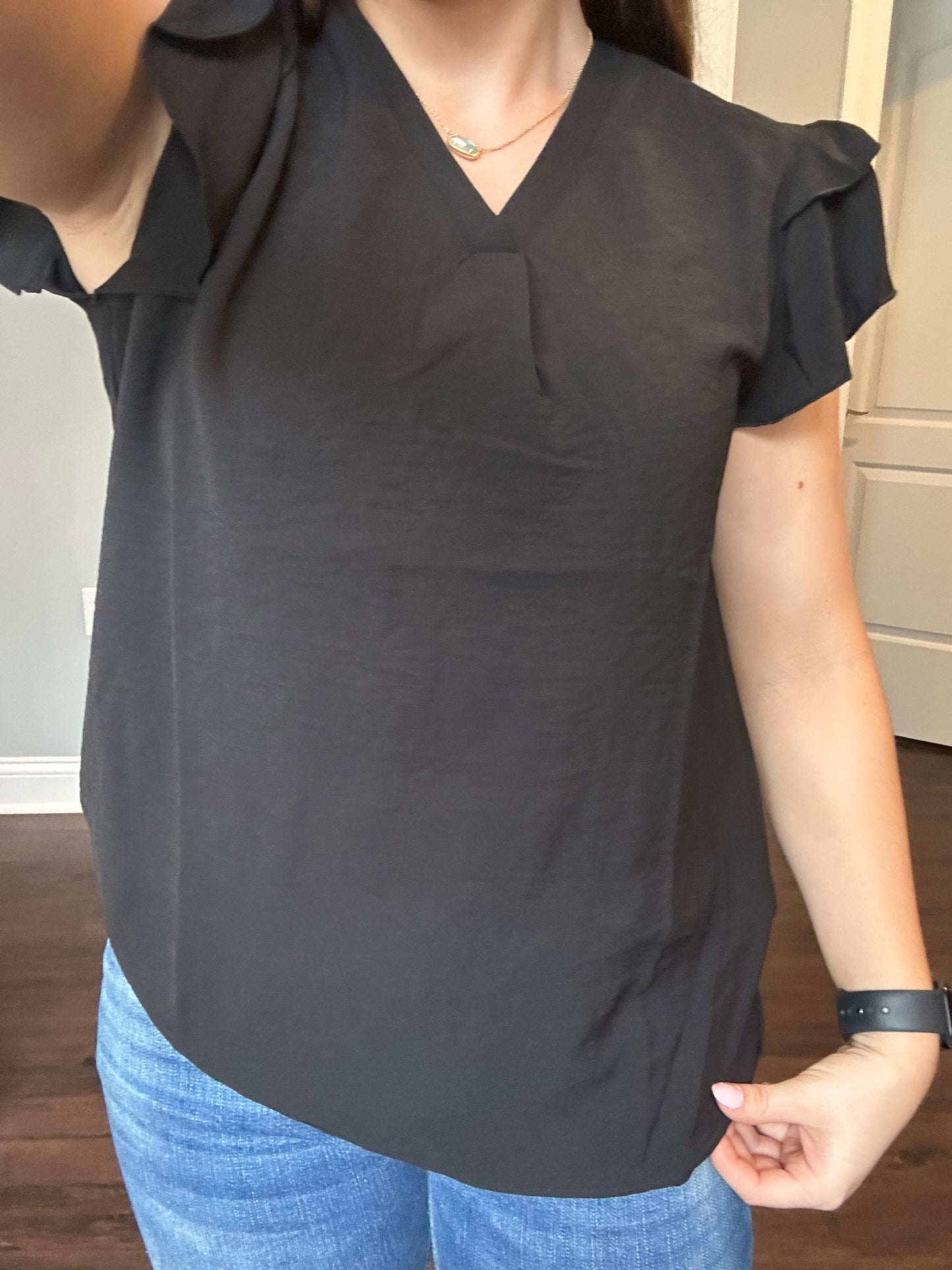 Black V Neck Ruffle Short Sleeve Blouse