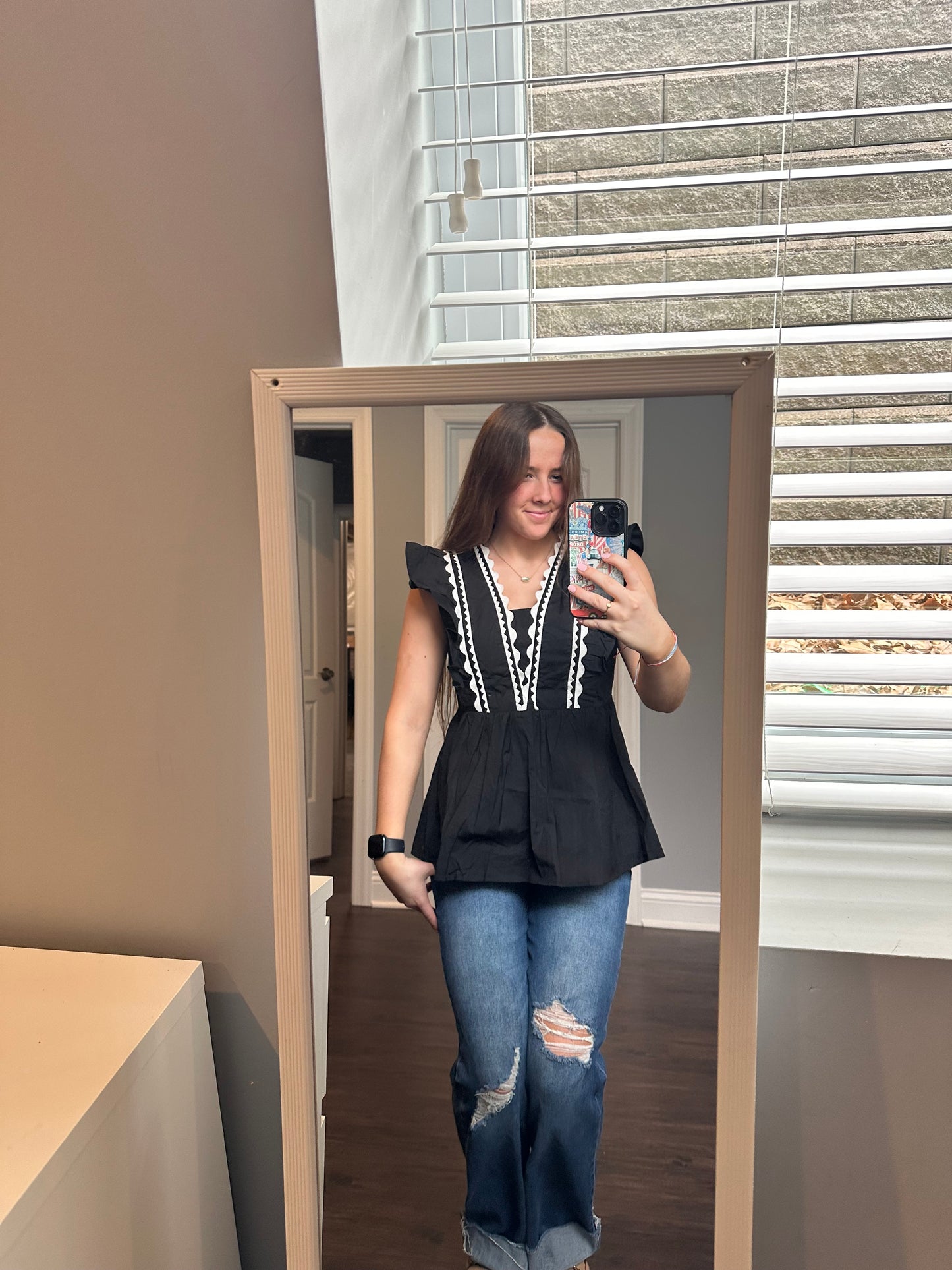 Black Contrast Ricrac Trim Ruffled V Neck Peplum Top
